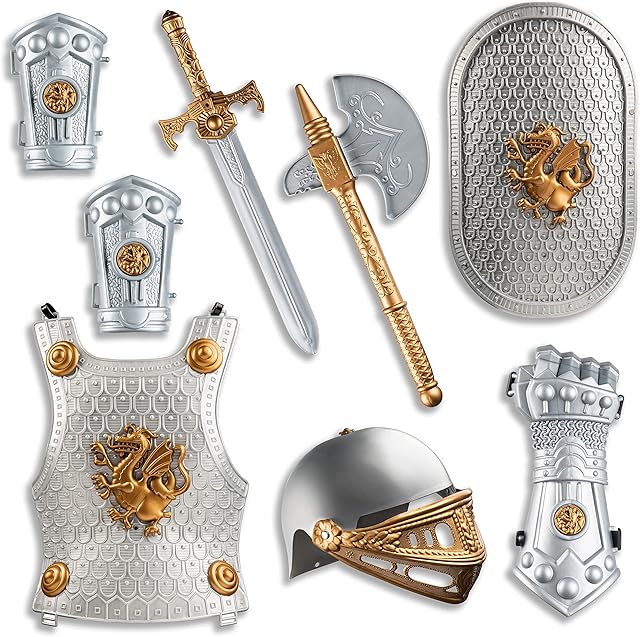 Dress Up America Knight Armor Set for Kids-Medieval Shield and Helmet Playset-Royal Dress Up for Boys, Unisex Children, Silver, Standard Size