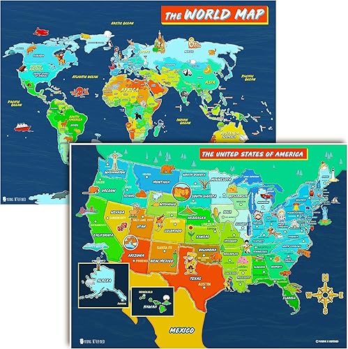 Póster de mapa de Estados Unidos y Mundo, paquete de 2 unidades para niños, laminado grande ilustrado Young N Refined (18 x 30)