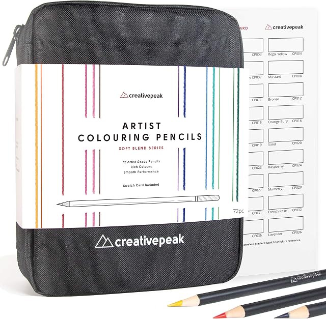 Creativepeak Professional Colouring Pencils - 72 Vibrant Colours & Swatch Card - Quality Art Supplies Featuring Soft Wax Cores, Zip-Up Travel Case - Perfect for Adult Coloring & Drawing