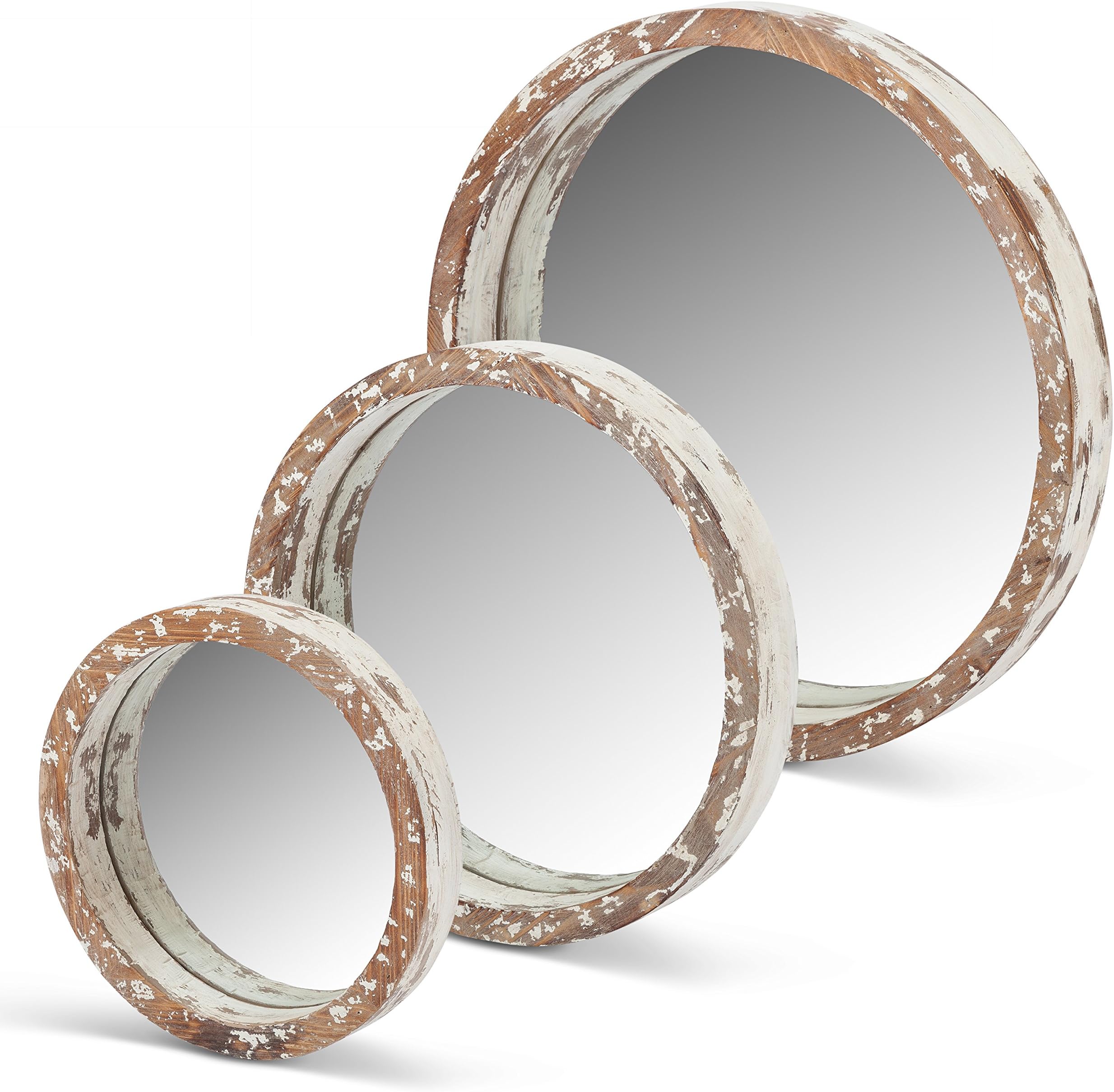 Lone Elm White Wood Round Mirrors (Set of 3), 22" x 19" x 2"