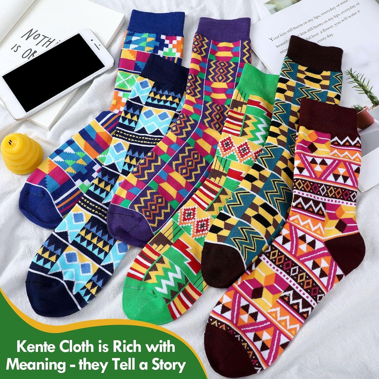 Sureio 6 Pairs African Ethnic Kente Cloth Socks for Men Novelty Black History Month Gift Kente Tribal Print Dress Crew Socks for African American Men - Image 7