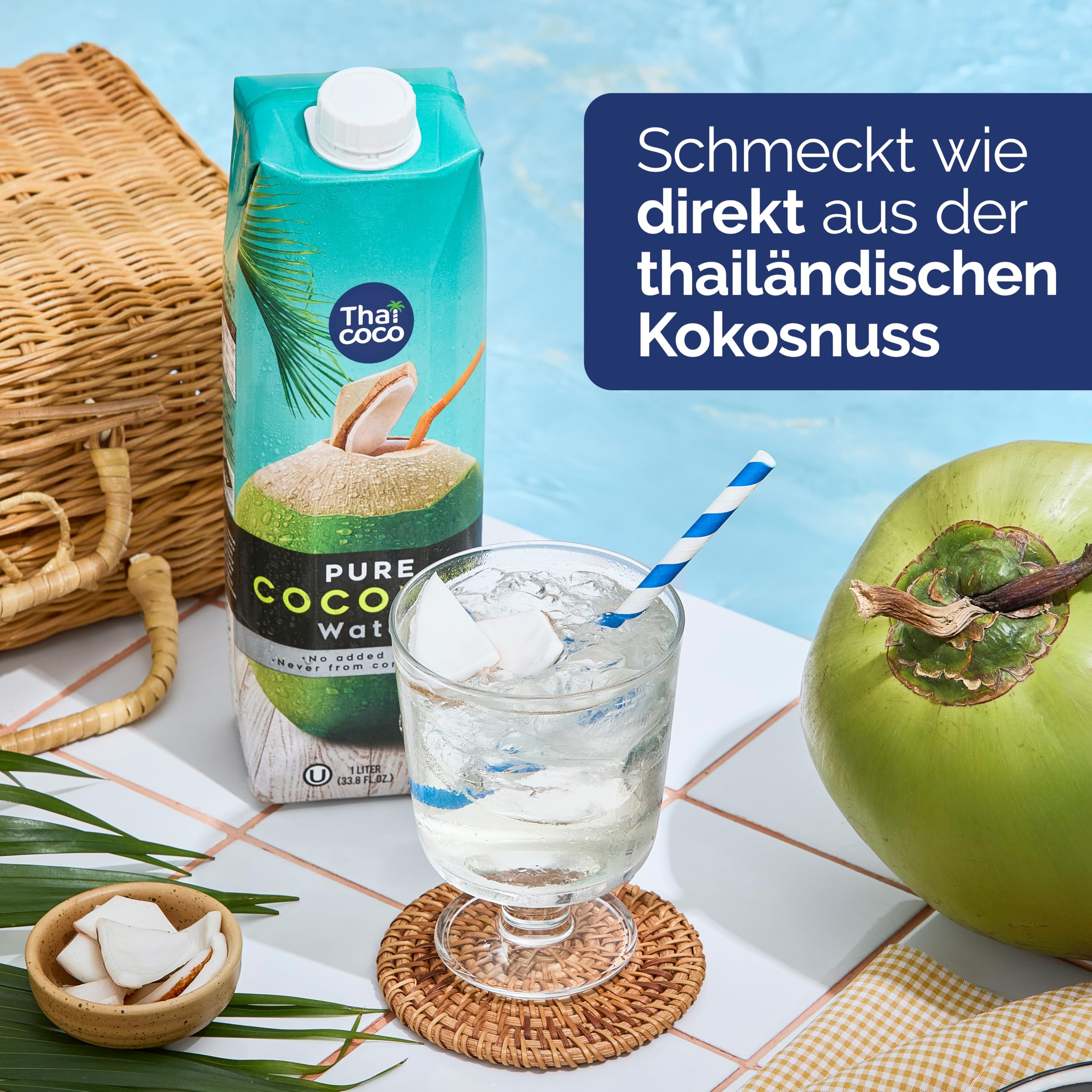 Thai Coco 100% Pures Kokoswasser 6x1L, aus Thailand – Natürliches Coconut Water mit Elektrolyten – Ohne Zuckerzusatz & Ohne Konservierungsstoffe – Hydration Getränk für Sport & Alltag