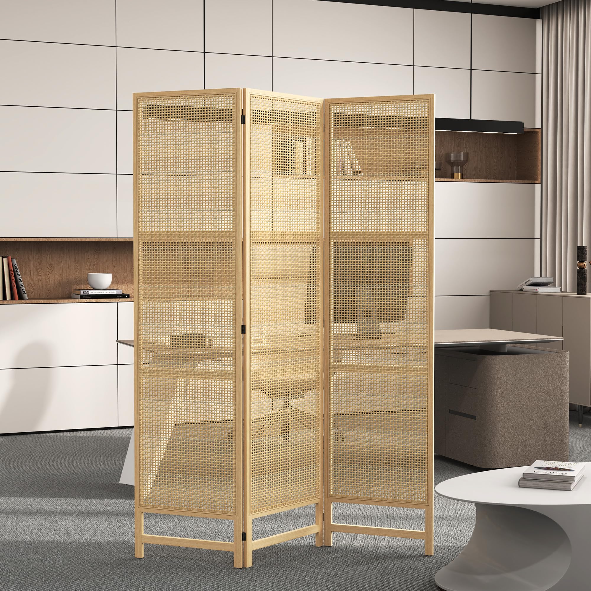 HOMCOM Divisor 3 paneles 135x180cm PP Ratán Natural | Divisor plegable, pantalla de privacidad, tabique para sala de estar