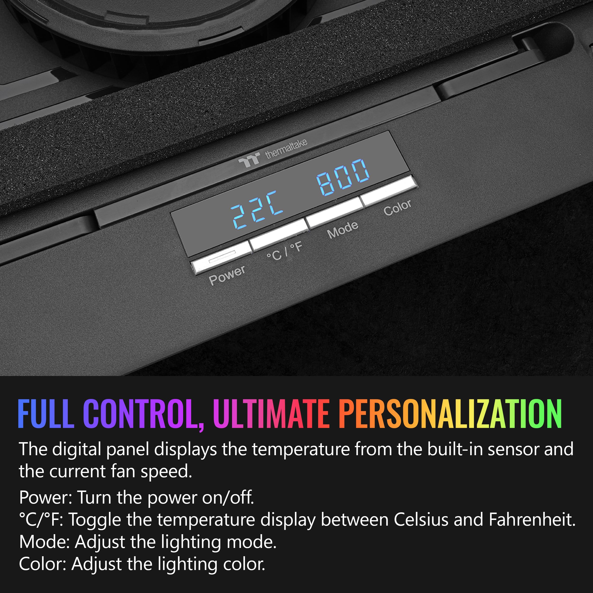 Thermaltake Enfriador Massive Extreme para portátil; portátil de hasta 18 Pulgadas; 800~3500 RPM; 48.5 CFM; Ventilador de Flujo Cruzado de 120 mm; Sensor de Temperatura Ambiental; Rueda de