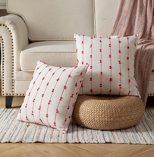 Miniatura 2 de Juego de 2 fundas de almohada bohemias de Navidad de 18 x 18 pulgadas, color beige y rojo, fundas decorativas modernas de estilo rústico para sofá,