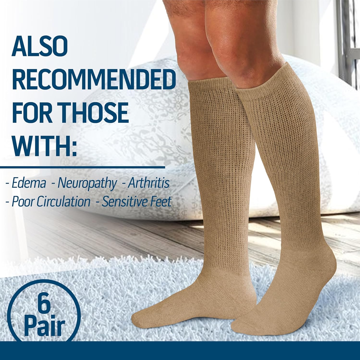 Diamond Star 12 Pairs Diabetic Knee High Socks for Men – Over the Calf Cotton Socks, Non-Binding Comfortable Fit – Men’s Shoe Size 12–14 (12 Pairs Khaki) - Image 3