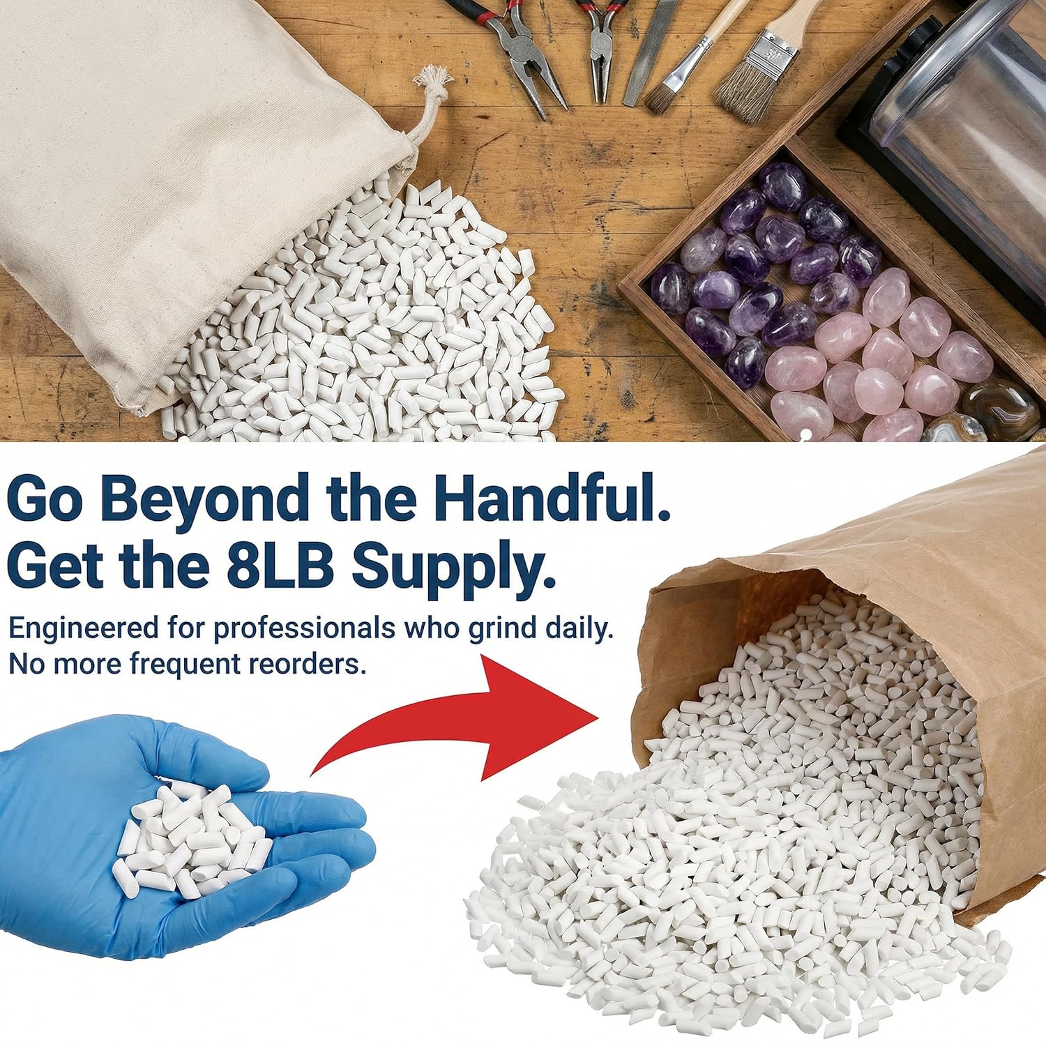 Hiceeden 8 Pounds Rock Tumbling Filler Media, 1/5" x 2/5" Reusable Cylinder Ceramic Pellets Non-Abrasive for Rock Tumbler, Stone Polisher