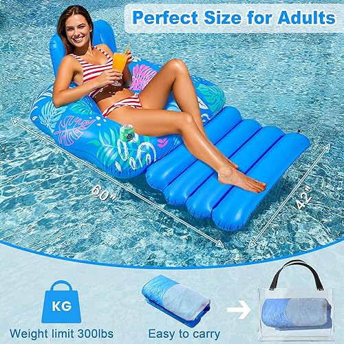 Miniatura 6 de JOSEN Inflatable Pool Lounger Float, Heavy Duty Pool Floats for Adults with Innovative Footrest&Cup Holders, Pool Chair for Swimming Pool, River,