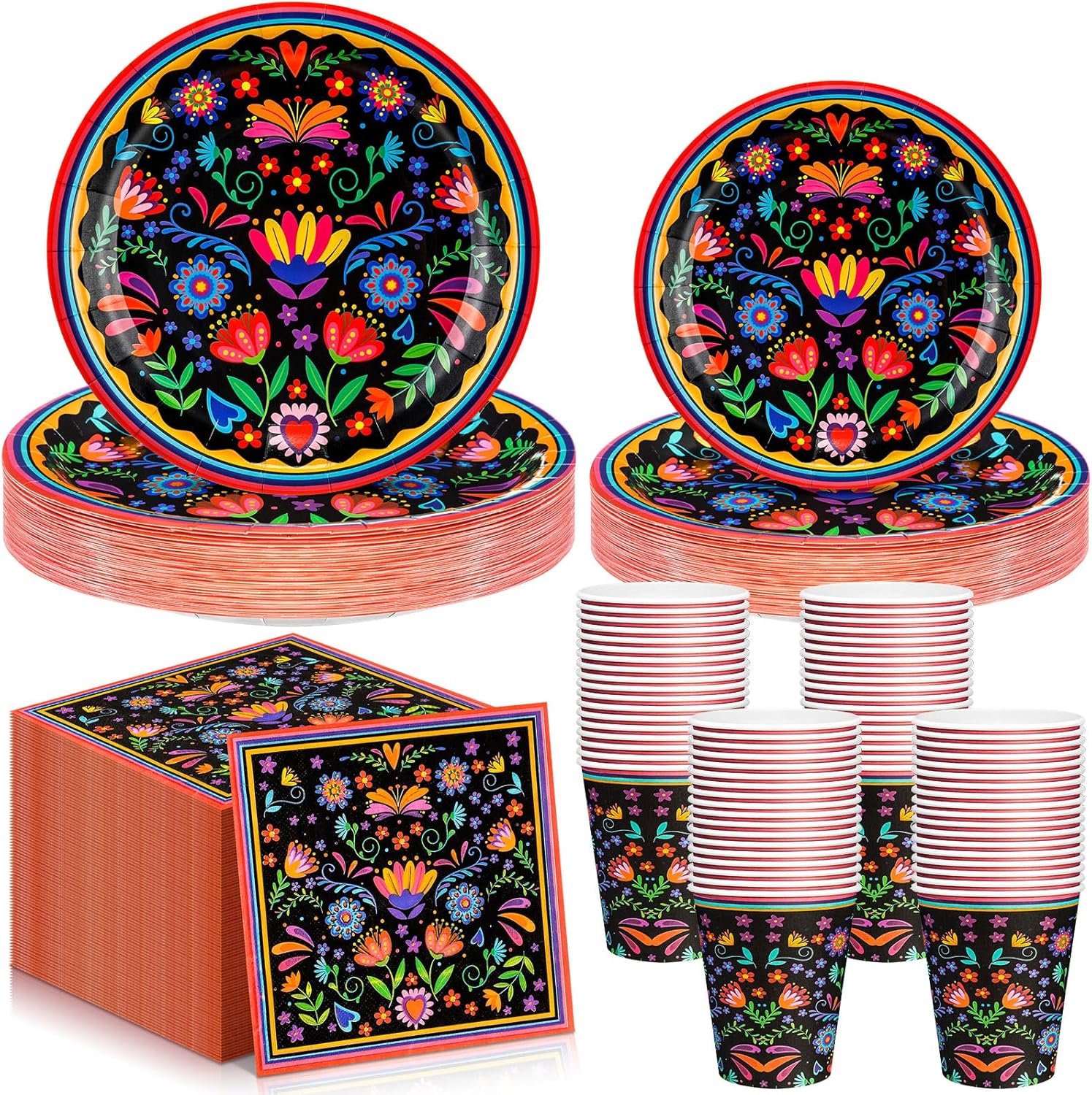 Domensi 400 Pieces Mexican Party Decoration Supplies Fiesta Tableware Set, Includes Mandala Flower Mexican Paper Plates and Napkins Cinco De Mayo Paper Cups for Taco Tuesday Birthday Party Decor