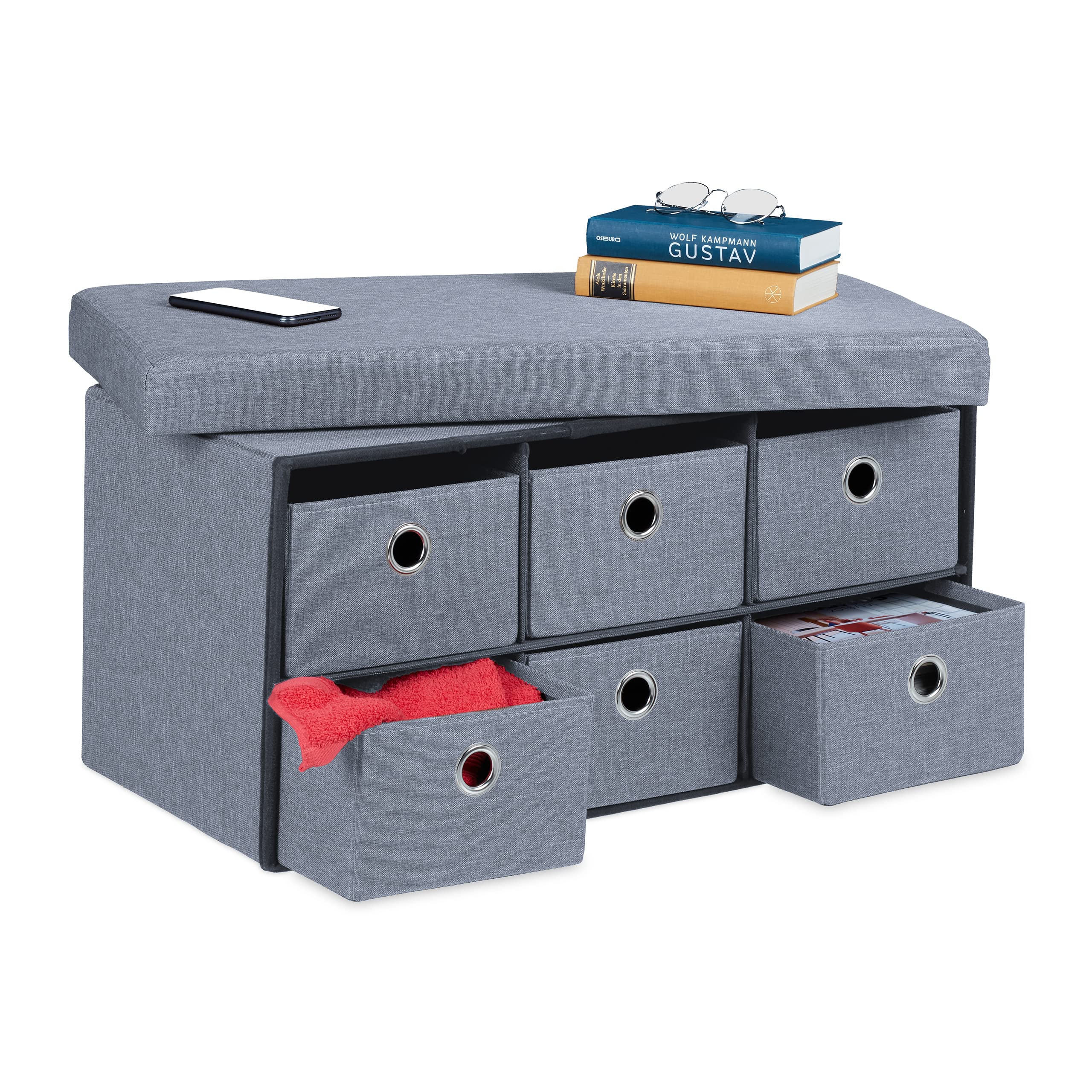 Relaxdays Panca Contenitore con 6 Cassetti, Pieghevole, Ingresso o Camera Letto, HLP: 39x76x38 cm, Porta Giochi, Grigio