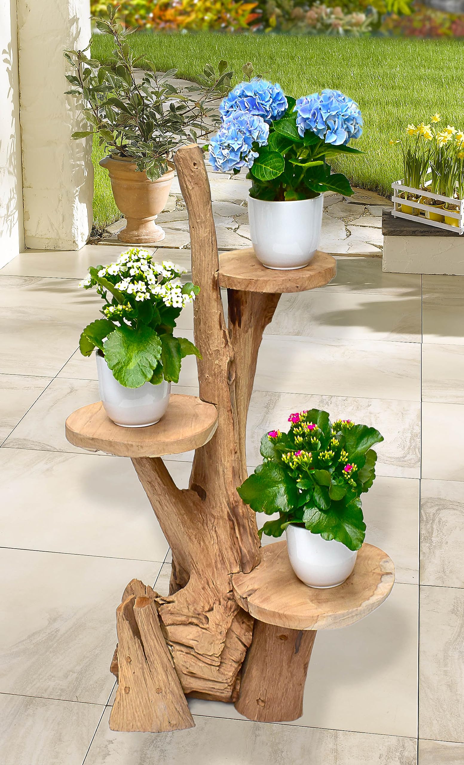 Teak Blumenständer mit 3 Ablagen Blumenpodest Pflanzentreppe Blumenregal Ständer Blumenhocker Massiv Holz Podest Regal 60cm