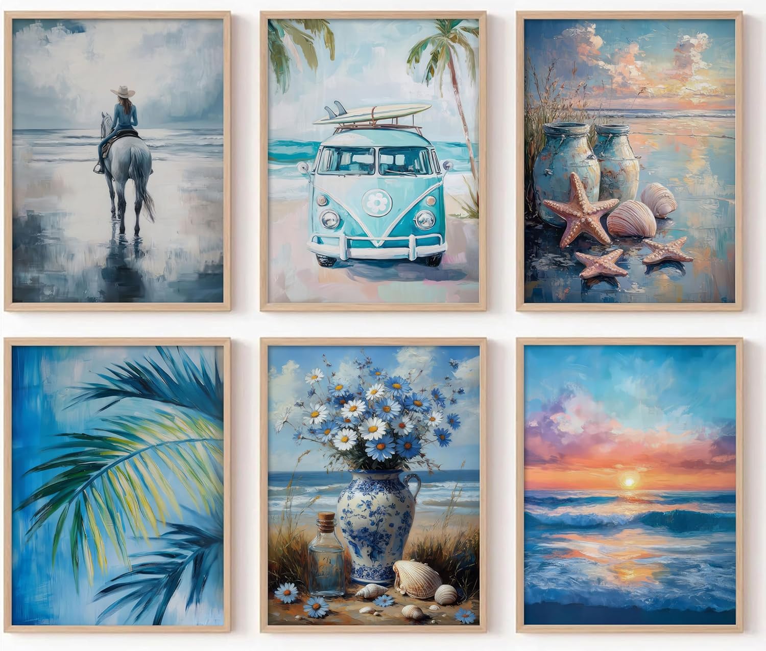 6Pcs Blue Coastal Cowgirl Wall Art Sunset Beach Canvas Paintings Coastal Granddaughter Wall Decor Tropical Summer Ocean Pictures Prints Daisies Pots Posters for living room Cafe Bedroom Unframed