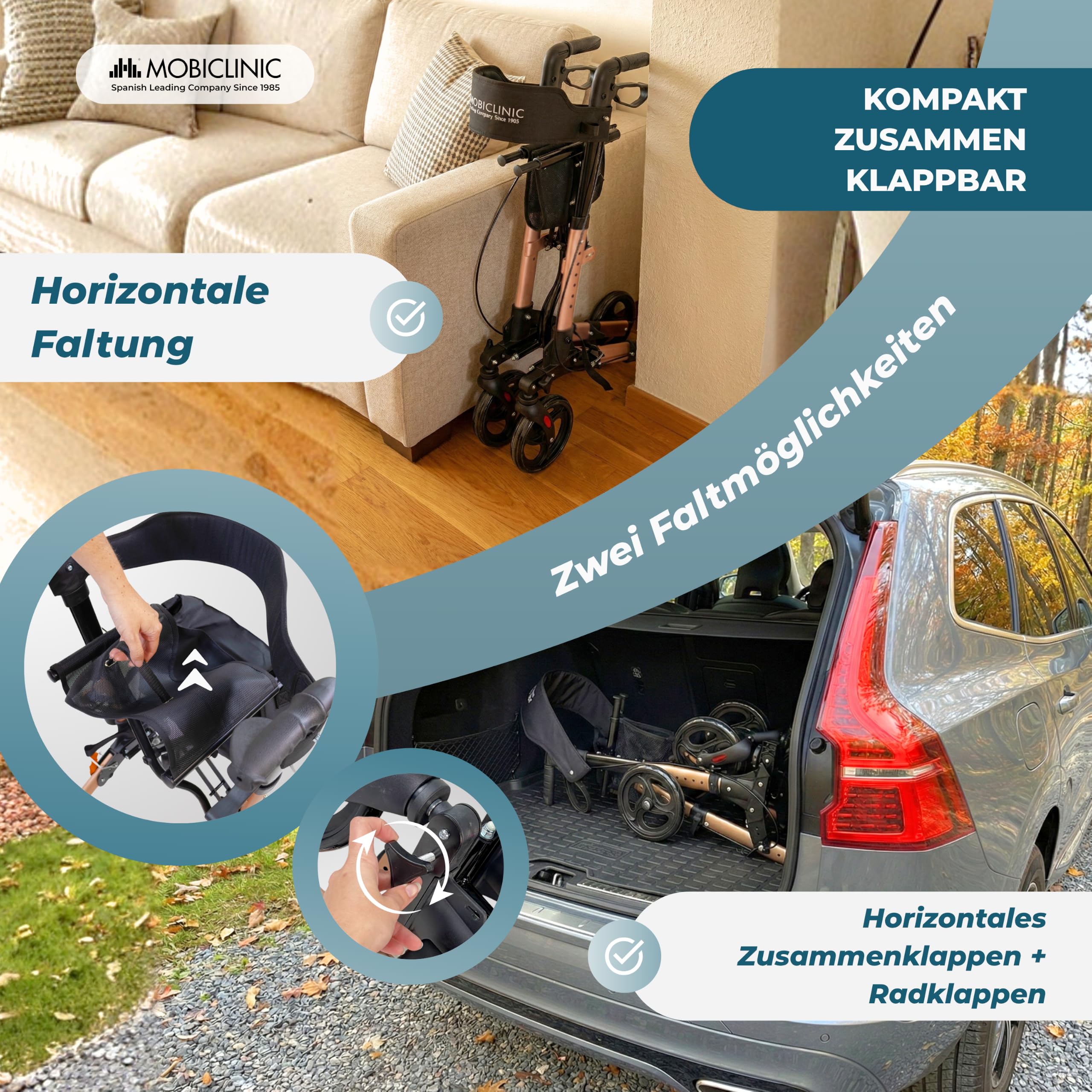 Mobiclinic®, Faltbarer Rollator, Sitz und Rückenlehne, bis 136 kg, Roségold, Höhenverstellbar, Aufbewahrungskorb, Stockhalterung, Bremsen und Sicherheitsverriegelung, Aluminium, Trajano
