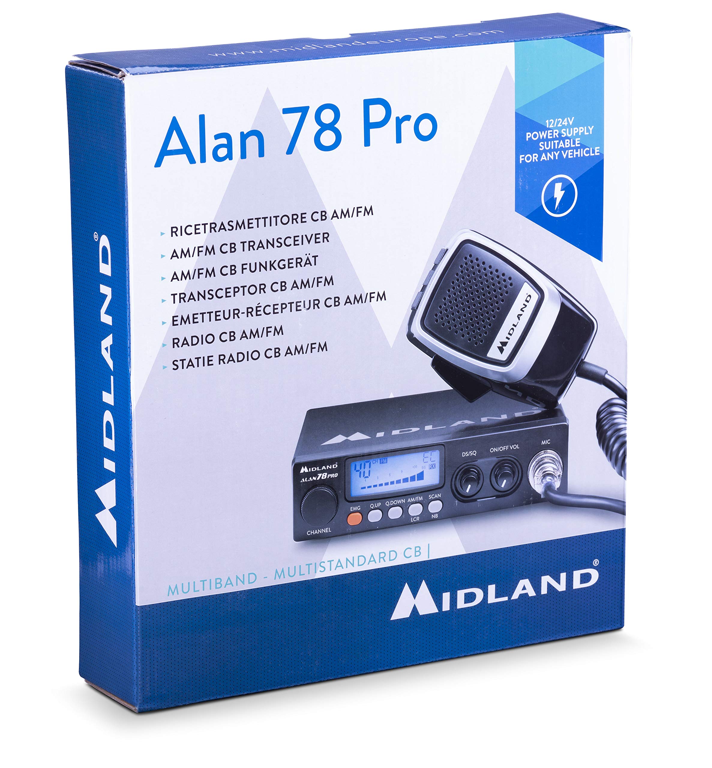 Midland - Radio CB ALAN 78 PRO, Ricetrasmittente Veicolare Multibanda Senza Licenza, Potenza Regolabile 1W/4W, Display e S-Meter, Squelch Digitale, Noise Blanker, SCAN, Microfono 6Pin Precision Series