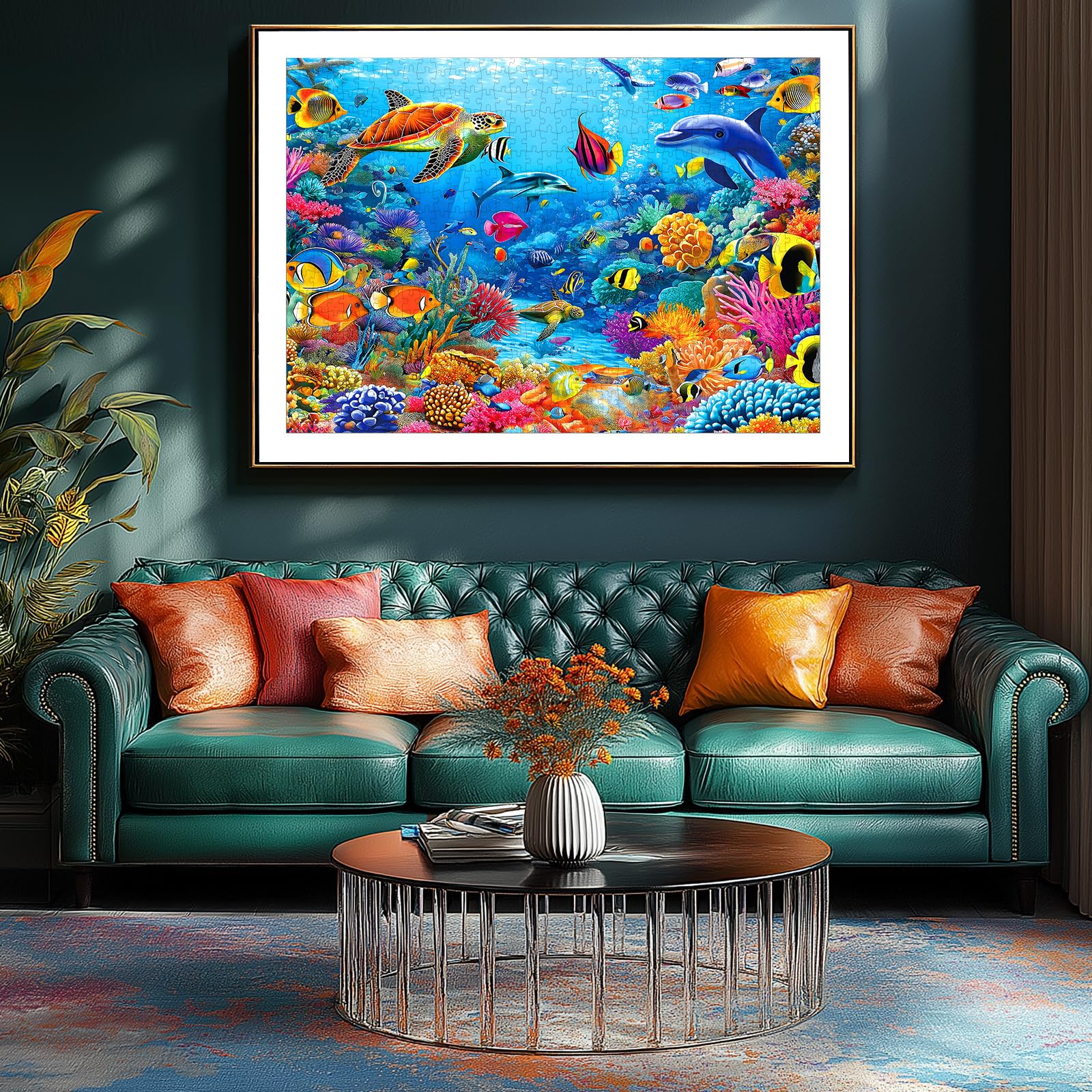 MINIWAN Puzzle da 500 pezzi per adulti, mondo oceanico sottomarino con delfini, tartarughe marine e pesci tropicali, 58 x 38 cm, puzzle d'arte unico, puzzle difficile impegnativo per adulti