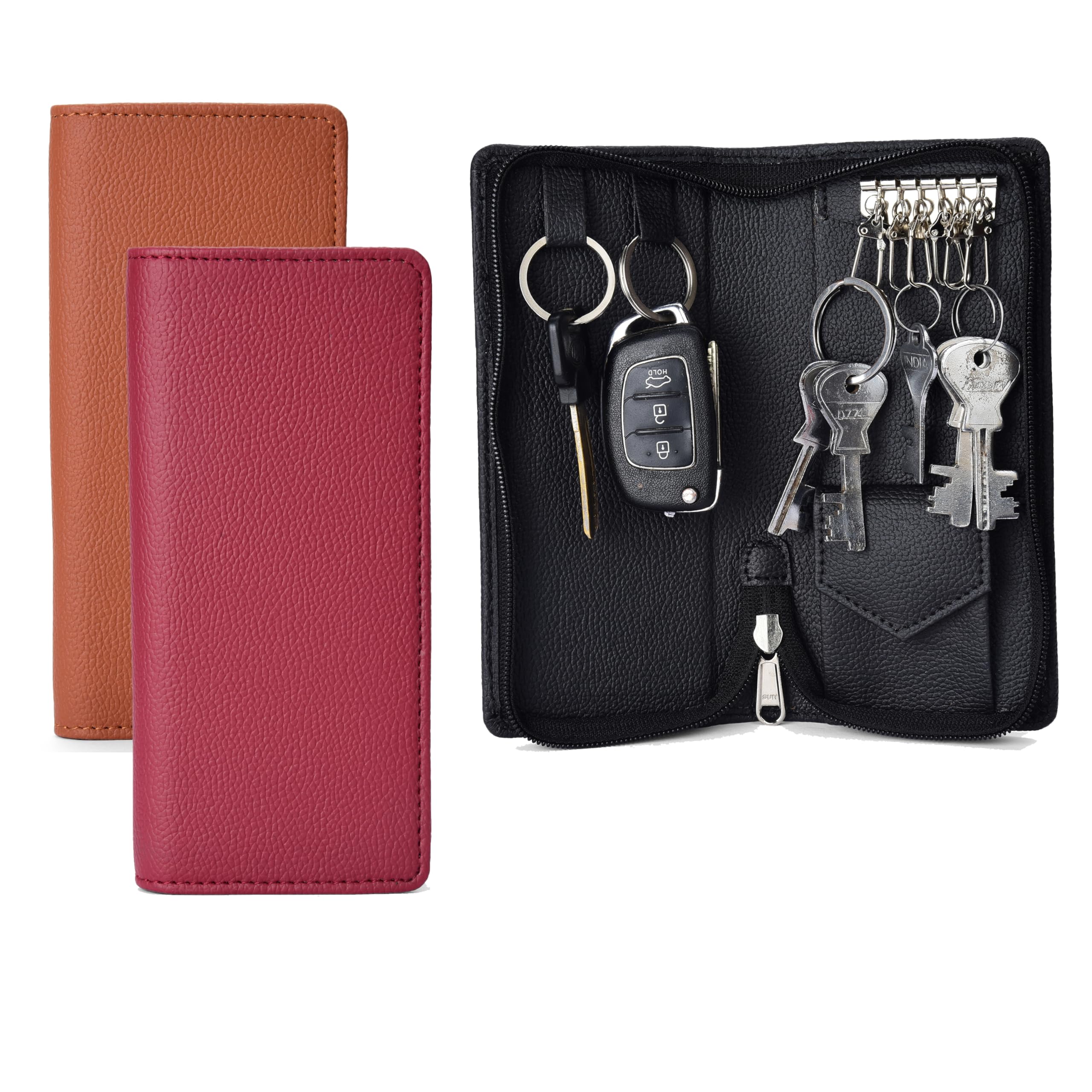 PU Leather Key Case key holder leather key pouch key purse with Zipper, 19 cm x 8.5 cm x 2.50 cm (Set of 3), Multicolour-image-22