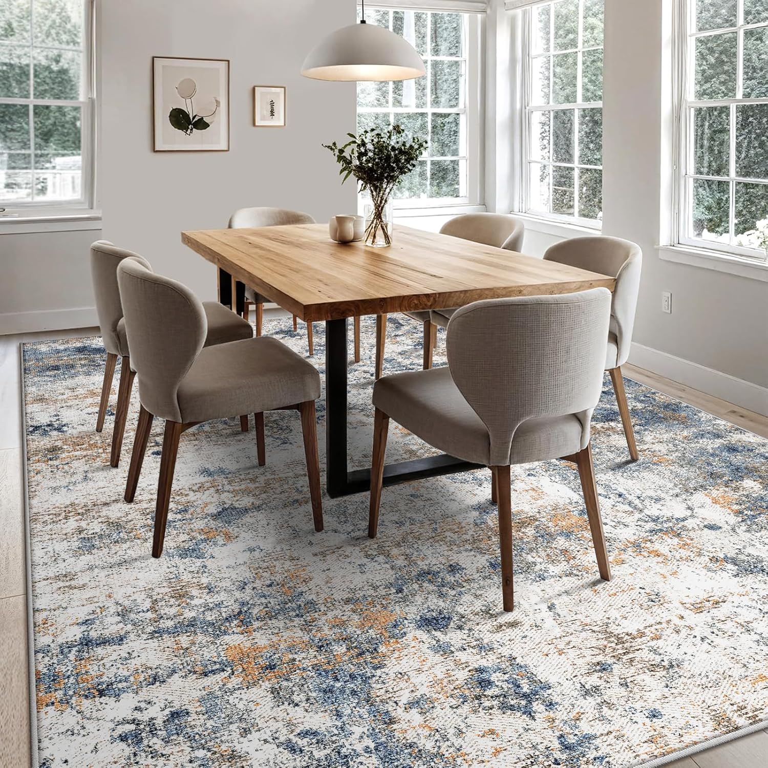 6x9 Washable Area Rug for Living Room, Multicolor Modern Vintage Abstract Rug Large Non-Slip Low Pile Soft Faux Wool Carpet, Kids and Pets Friendly for Bedroom Dining Room Farmhouse Home Decor Rug