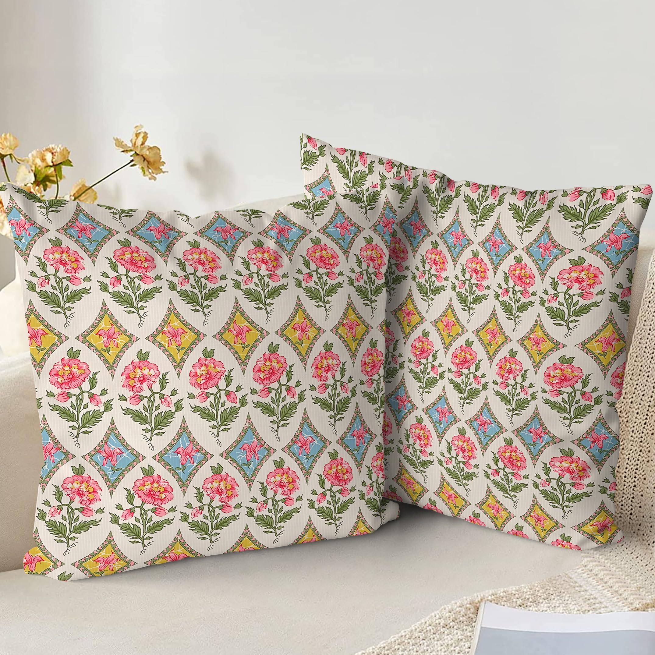 XPHZZL Cushion Covers Set of 2 Pack 45 x 45 cm Soft Vintage Floral Decorative Throw Pillow Cases Boho Pillow Cover for Sofa Bed Garden Outdoor Decor Flower Plant with Invisible Zipper 18 x 18 Inch
