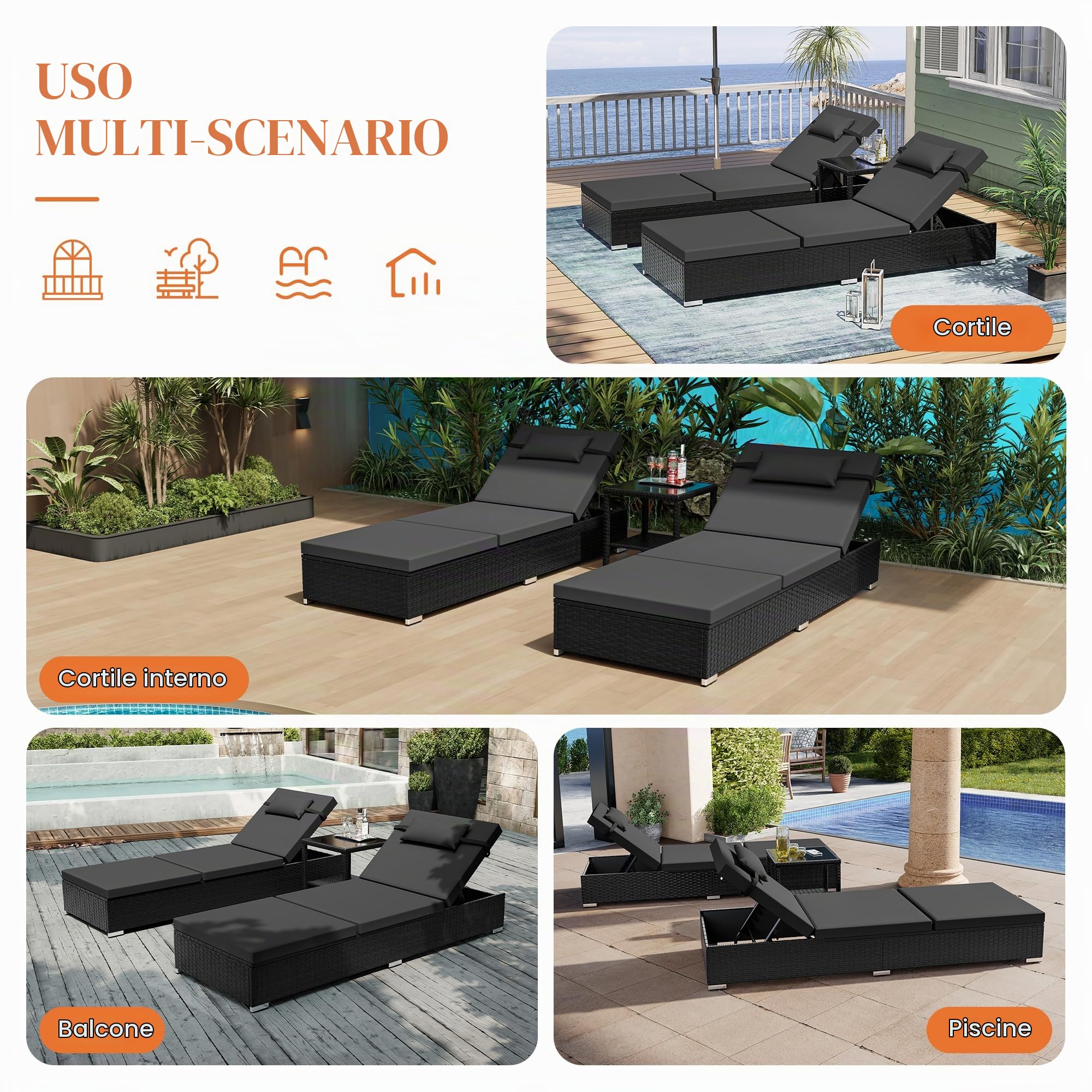 UDPATIO Set di 3 Lettino Prendisole, Poly Rattan, con Cuscino Testa e Tavolo, 5 Regolazioni, Lettini Prendisole da Giardino Impermeabili, per Esterno, Jardín, Patio (Nero)