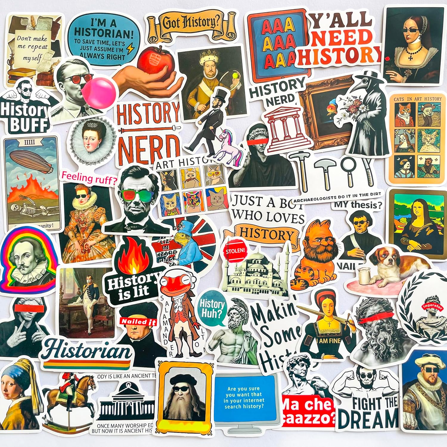 50 Pcs History Nerd Meme Stickers Pack – Vintage Art Parody & Historical Figures Aesthetic Decals for Laptop, Water Bottle, Scrapbook, Journaling,Teacher Supplies & Gifts and History Lovers