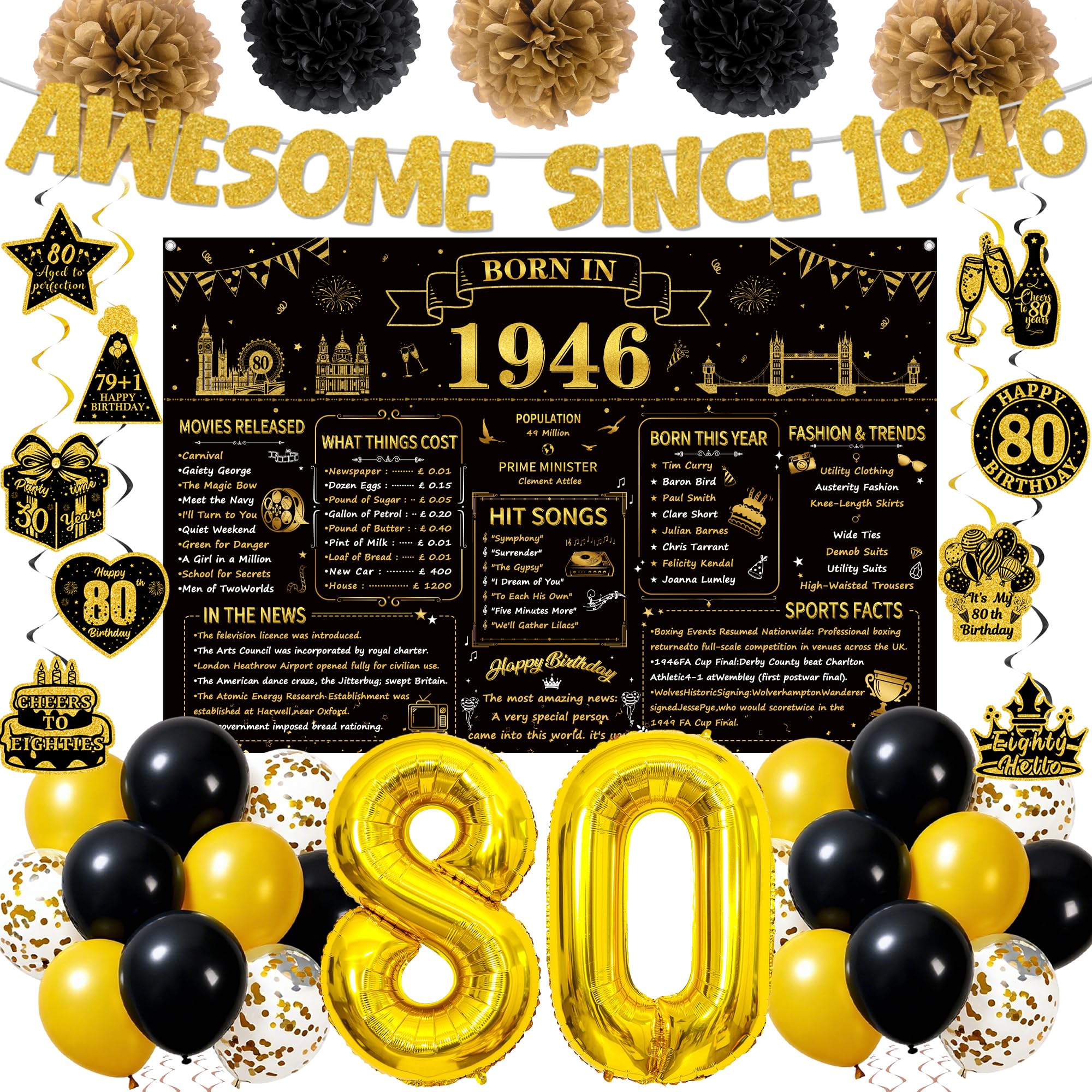 80th Birthday Decorations Men Women - Awesome Since 1946 Banner Birthday Backdrop Number 80 Balloons, Paper Pom Poms and Hanging Swirls for 80 Year Old Party Supplies