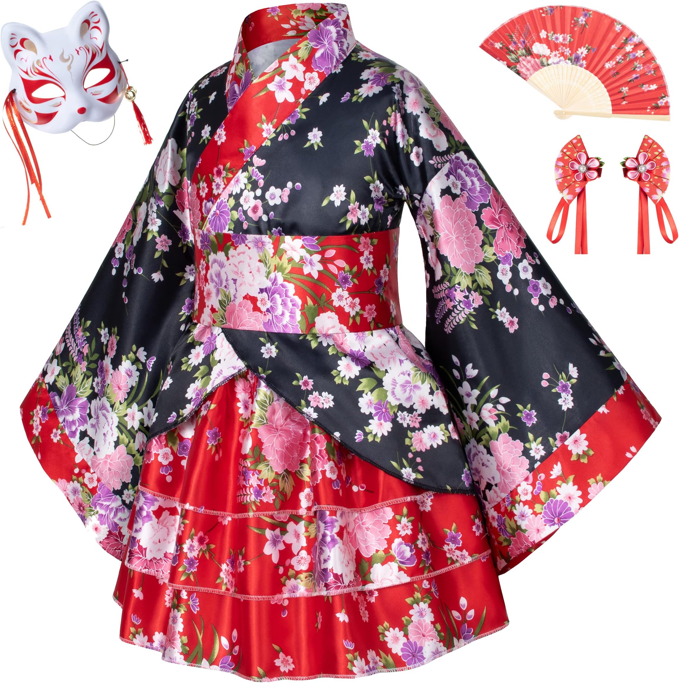 Japanese Traditional Dress Kimono Robe for Kids Girls Costume Silk Folding Fans hairstick Fox mask Set Cosplay