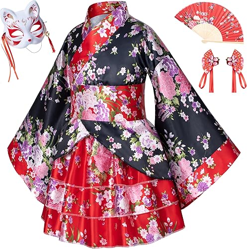 Vestido tradicional japonés, bata tipo kimono para niños y niñas, disfraz de seda plegable para abanicos de pelo de zorro