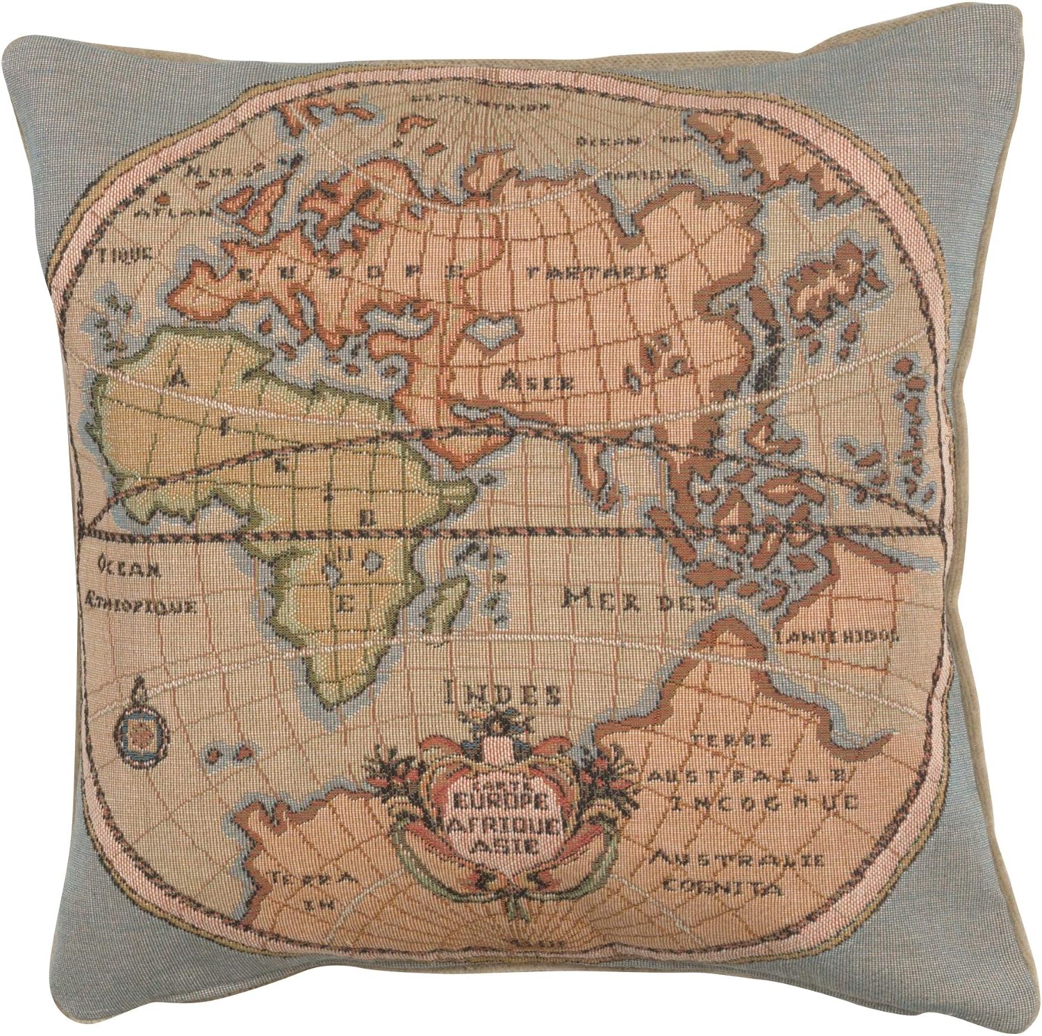 Charlotte Home Furnishings Decorative Couch Pillow Cover 14x14 in, Europe Map Sofa Throw Pillow Cover for Cozy Living Room Decor, French Square Tapestry Bed Cushion Cases, Soft Cotton Jacquard Woven