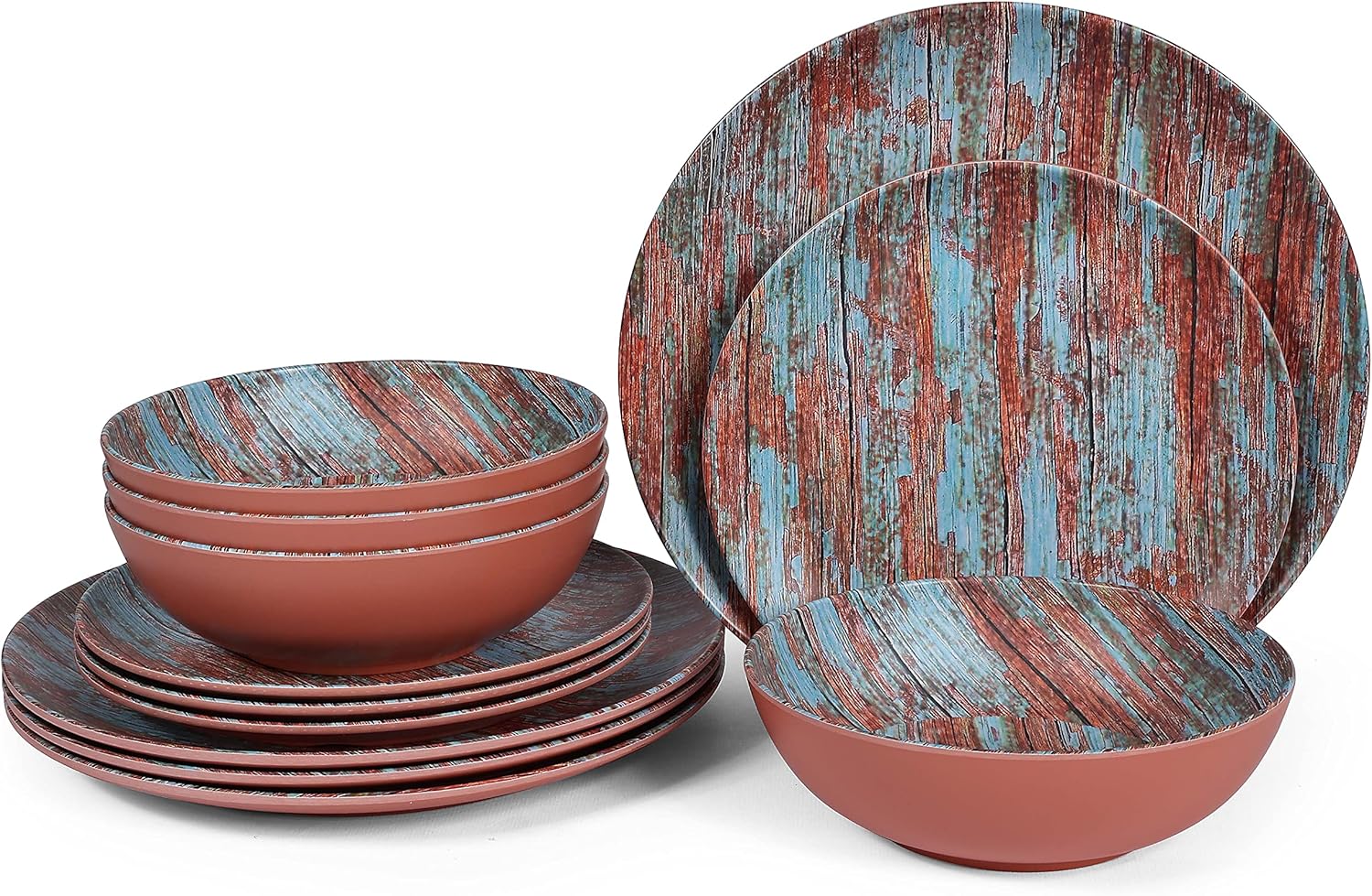 Yummost Melamine Dinnerware Sets, Melamine Dishes Sets, Wood Grain Plates and Bowls Set, 12pcs