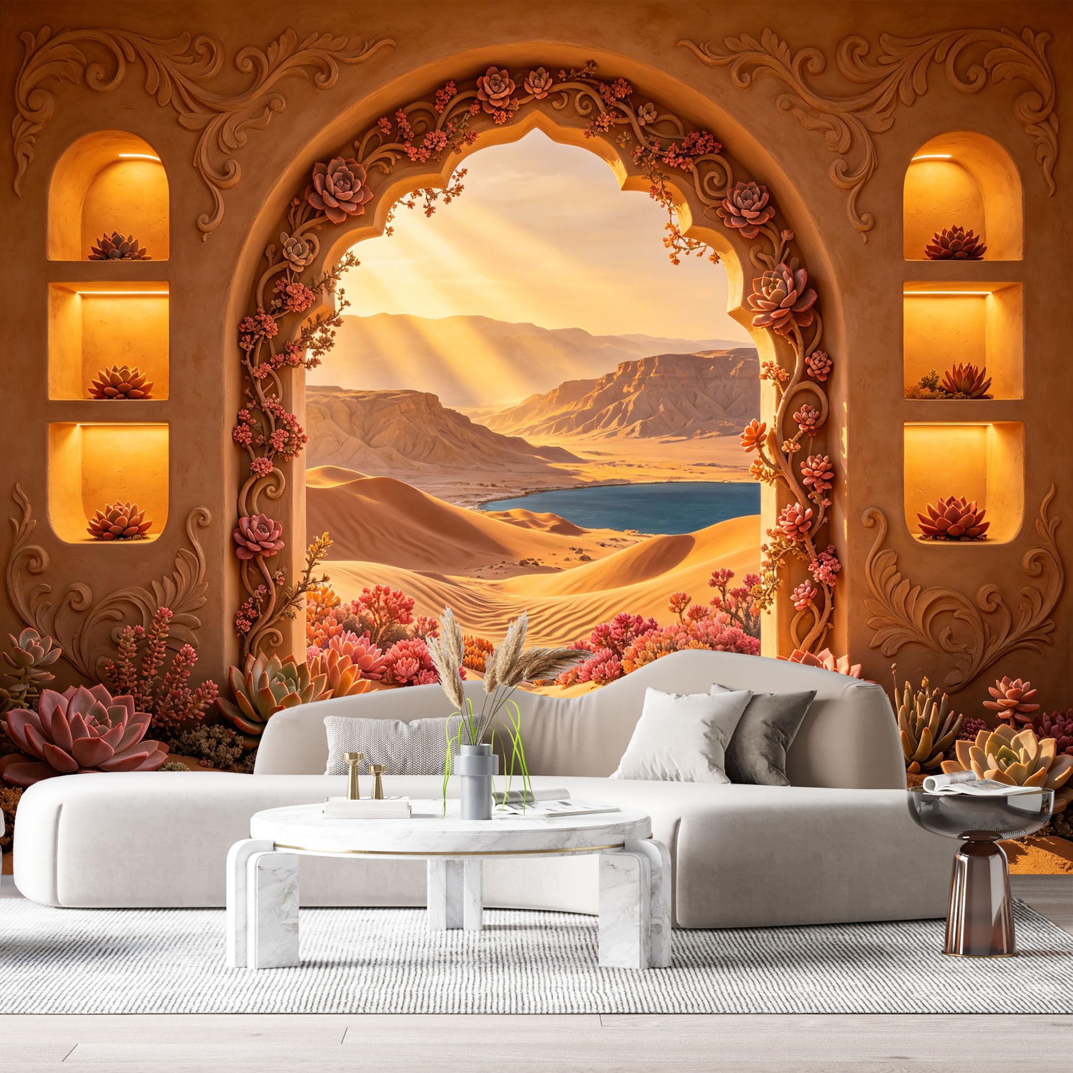 Custom Size Wall Murals Desert Archway Botanical Landscape Lake Mountain 3D Trompe L'Oeil SelfAdhesiveWall Fabric Removable Wallpaper Wall Decor for Living Room Bedroom Bathroom