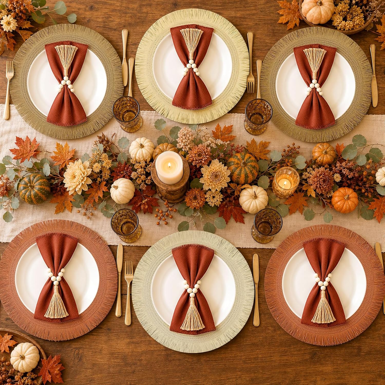 18 Piece 15 Inch Decorative Boho Table Placemats, 6 Set Round Braided Woven Place Mats in Brown Orange Beige White with Rust Napkins and Wood Bead Tassel Rings for Fall Thanksgiving Dining