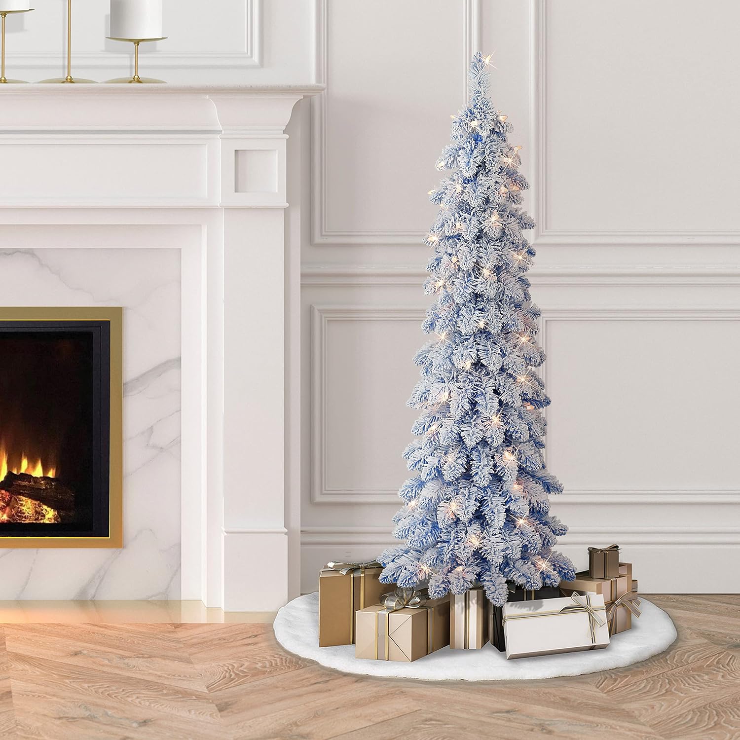 Puleo International 4 ft Pre-Lit Flocked Blue Artificial Alpine Pencil Tree