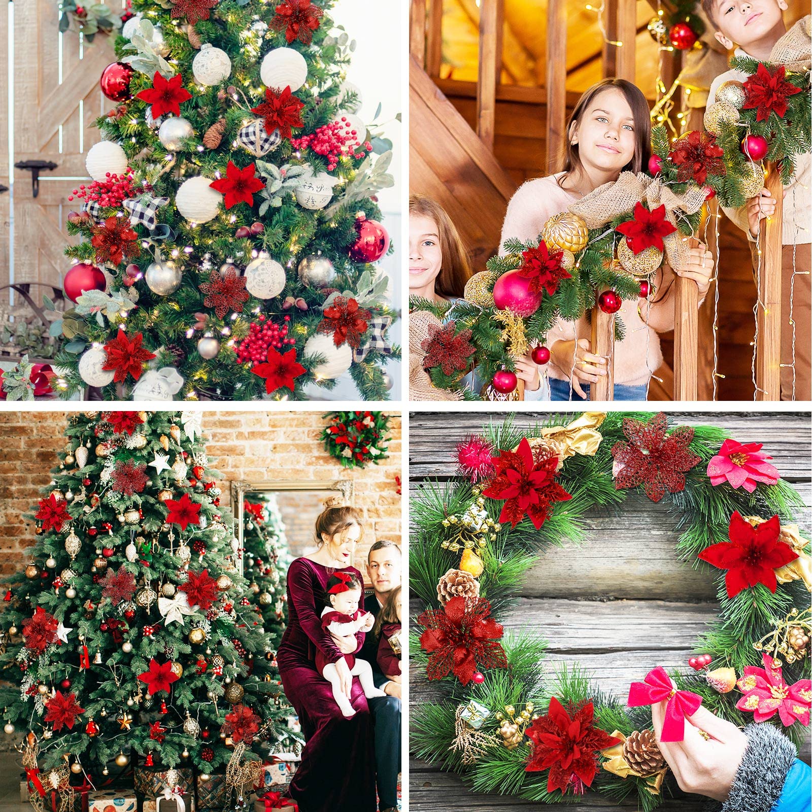 Whaline 24 Stück Weihnachtssterne mit 24 Clips, 4 Designs, rote Glitzerblumen, künstlicher Weihnachtsstern, Dekoration für Weihnachtsbaum, Ornament, Hochzeit, Dekoration, Winterpartyzubehör