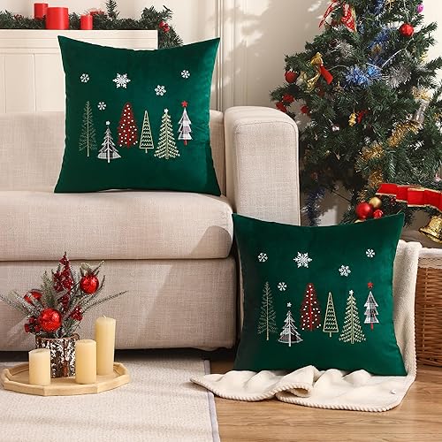 Miniatura 6 de Tosleo Juego de 2 fundas de almohada bordadas de Navidad de 16 x 16 pulgadas, fundas de almohada de terciopelo verde bosque, fundas de almohada