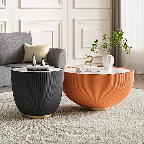 Miniatura 112 de Mesa auxiliar redonda moderna, mesa auxiliar de sofá de mármol sintético con base cubierta de cuero sintético en forma de cuenco, mesa auxiliar