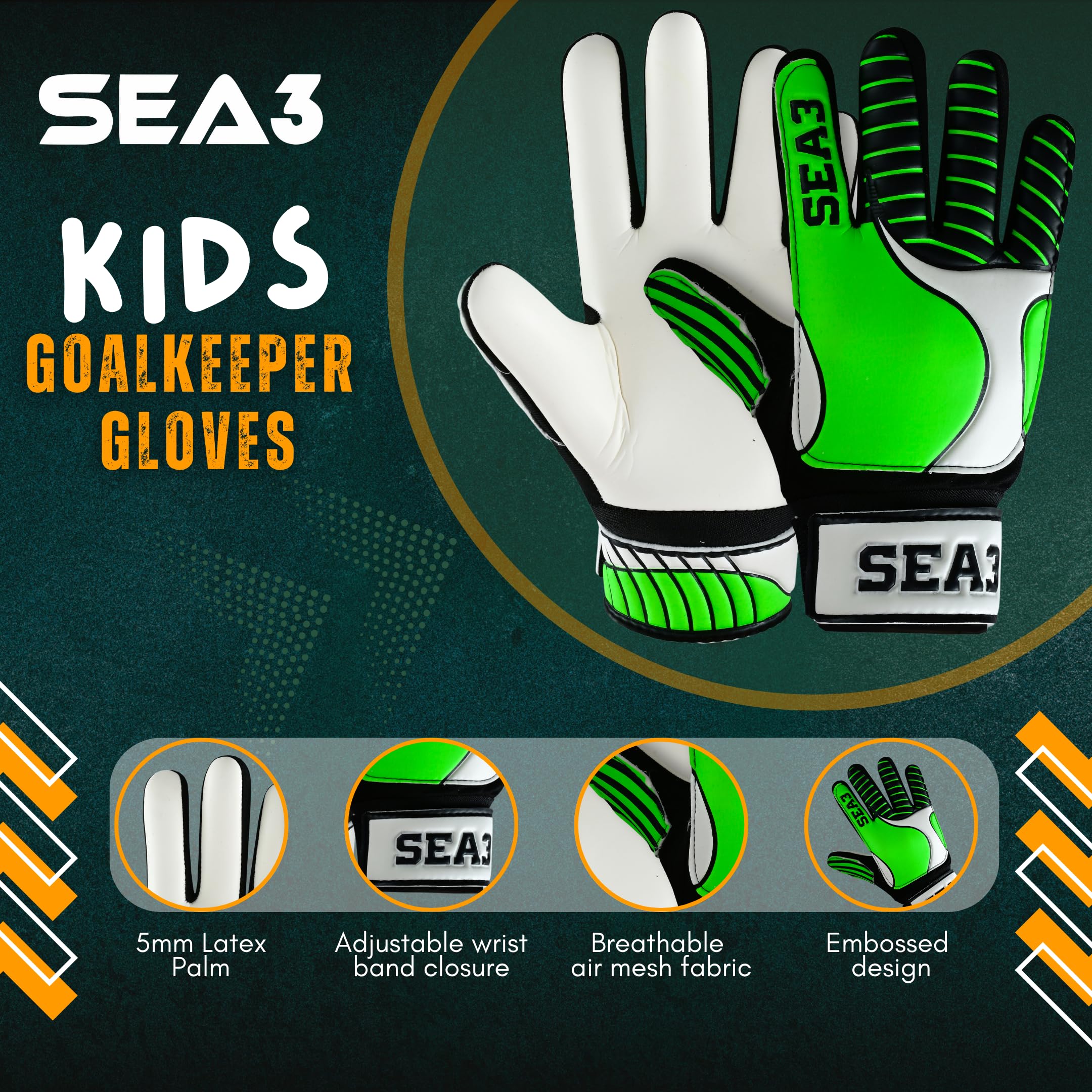SEA3 Unisex Kids Boys Children's Junior Football Goalkeeper Sports Soccer Training Goalie Gloves, Green - Size 2: Age 4 to 5 Years - Image 2