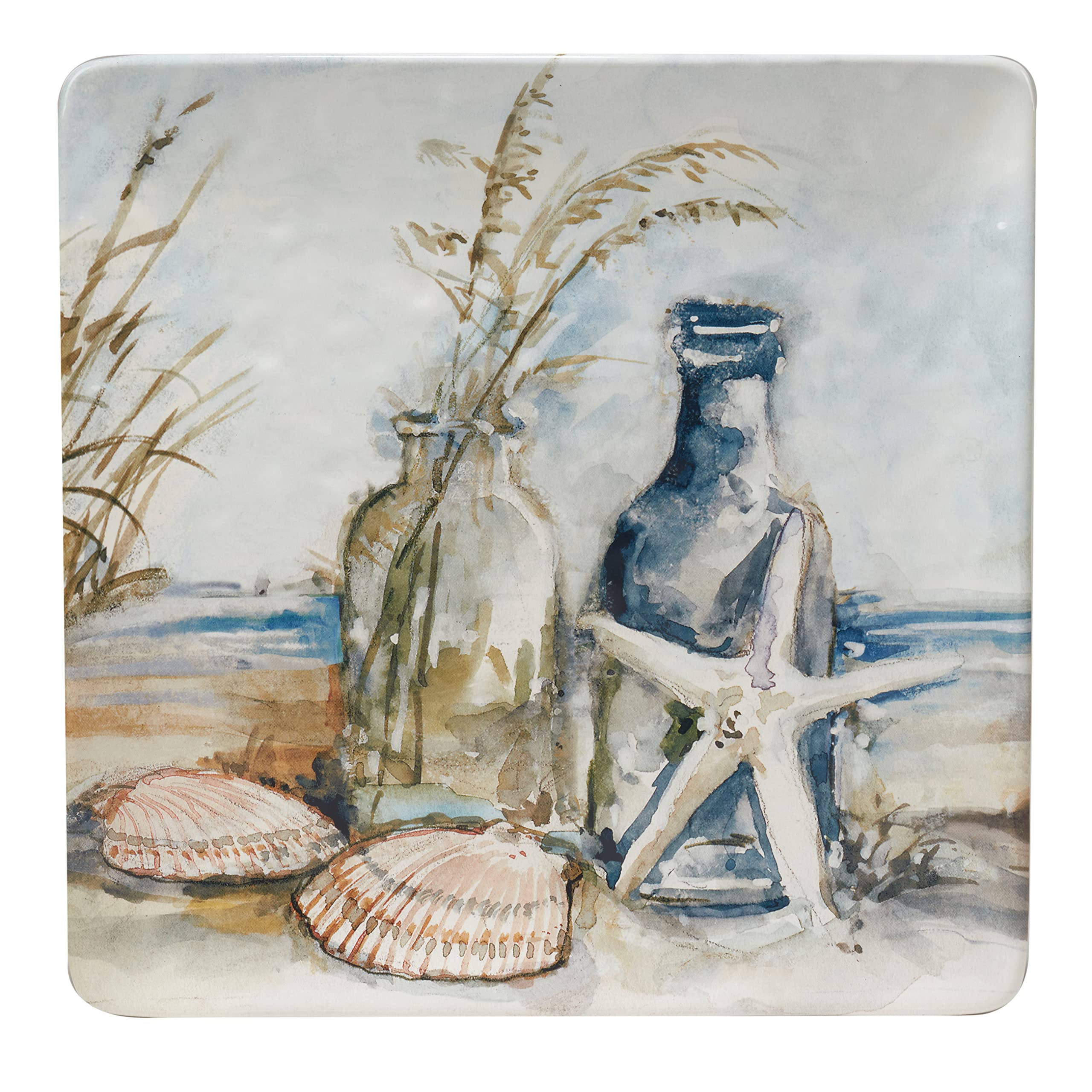 Coastal Landscape Ceramic Square Platter – 12.5" Beach-Inspired Serving Tray with Starfish, Bottles & Shells – Coastal Décor for Appetizers, Desserts, Charcuterie, or Entertaining