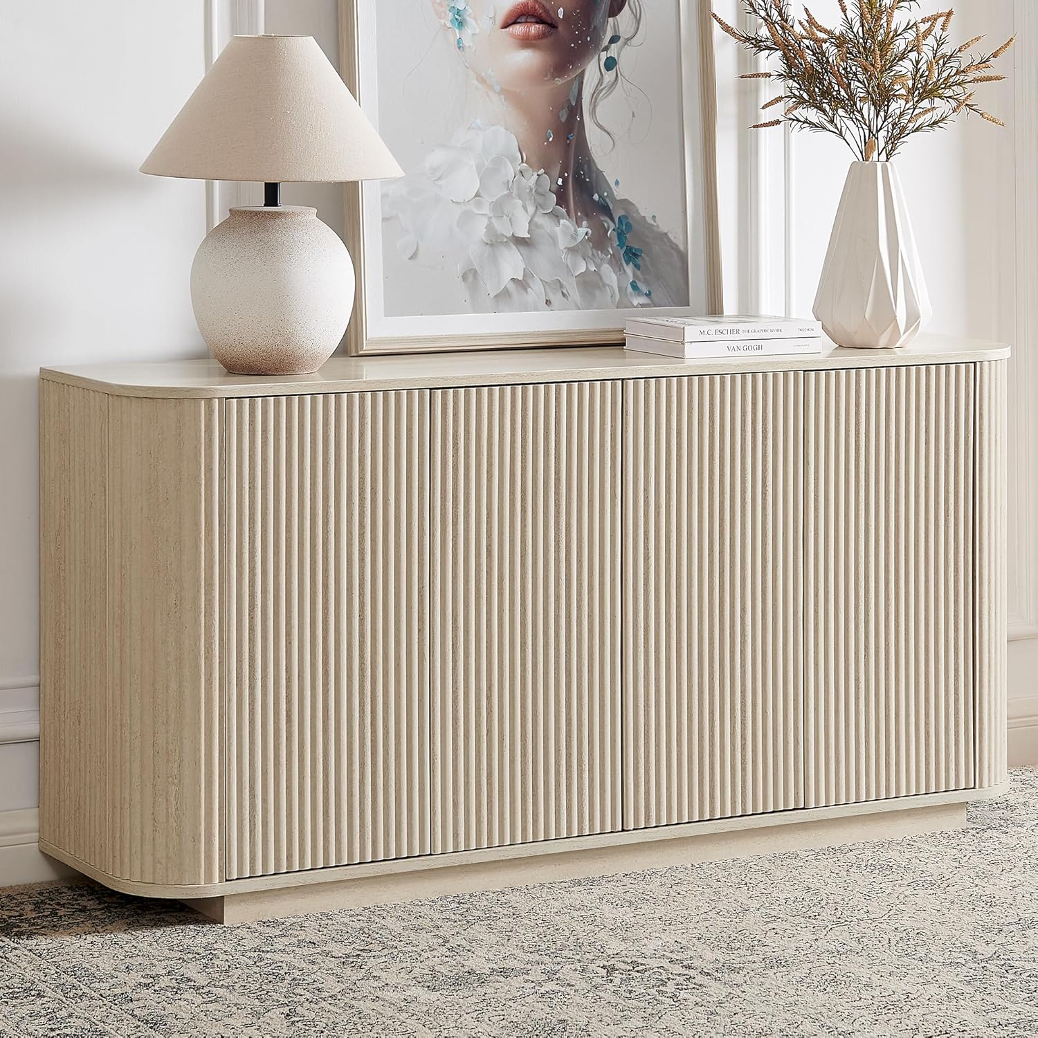 LKTART 64″ Buffet Cabinet with Storage, Modern Fluted Accent Sideboard Media Console Credenza with Adjustable Shelves Pressed Spring for Kitchen Living Room,31.5″ H (Rock Grey)