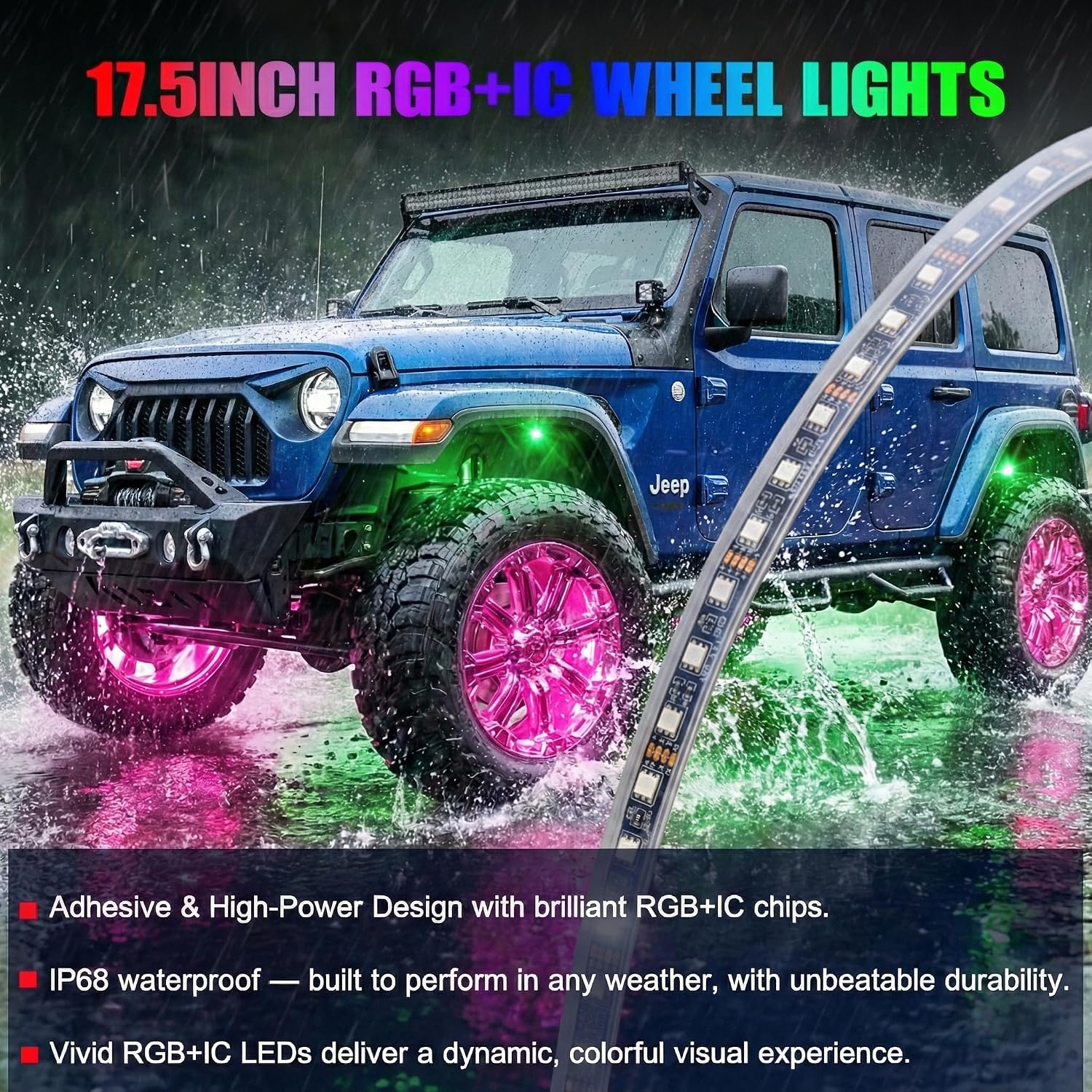 Car Wheel Lights 17 inch Row Wheel Ring Lights 4 Pcs for Truck/ATV/UTV LED Brighter RGB Glowing Rim Rings Music Wheel Ring Light with Turn & Braking Signal Car Decoration