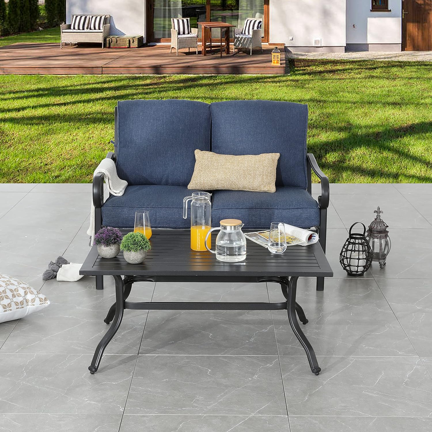 PatioFestival Patio Loveseat Bench 2-Person 6.3 Inch Cushioned Outdoor Sofa with Coffee Table All Weather Steel Frame