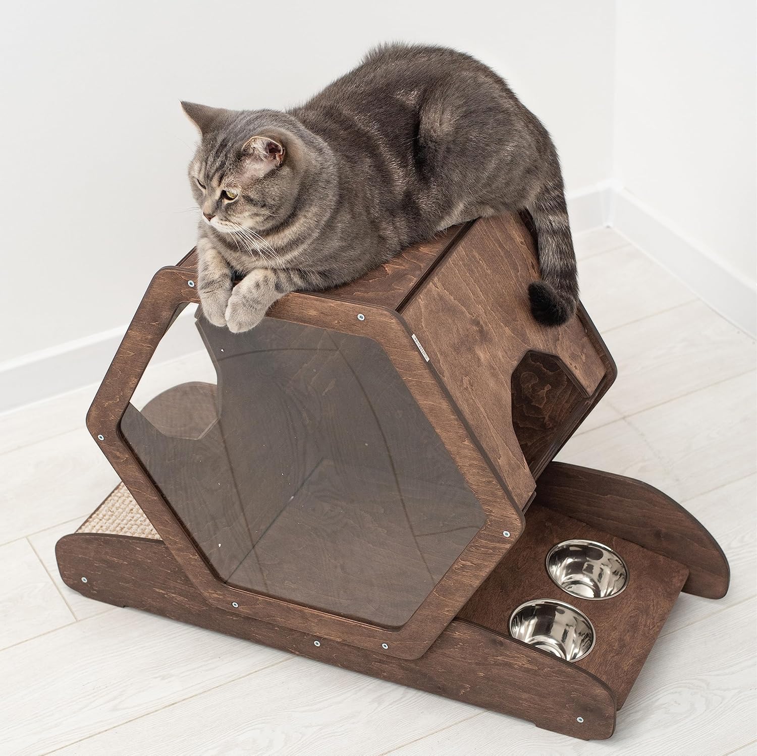 Wood Cat House Cat Bed Cat Toy Rustic Cat Decor Cat Lover Gift New Home Gift Pet Furniture Cat House Indoor (Dark Walnut, With Wooden Panel)