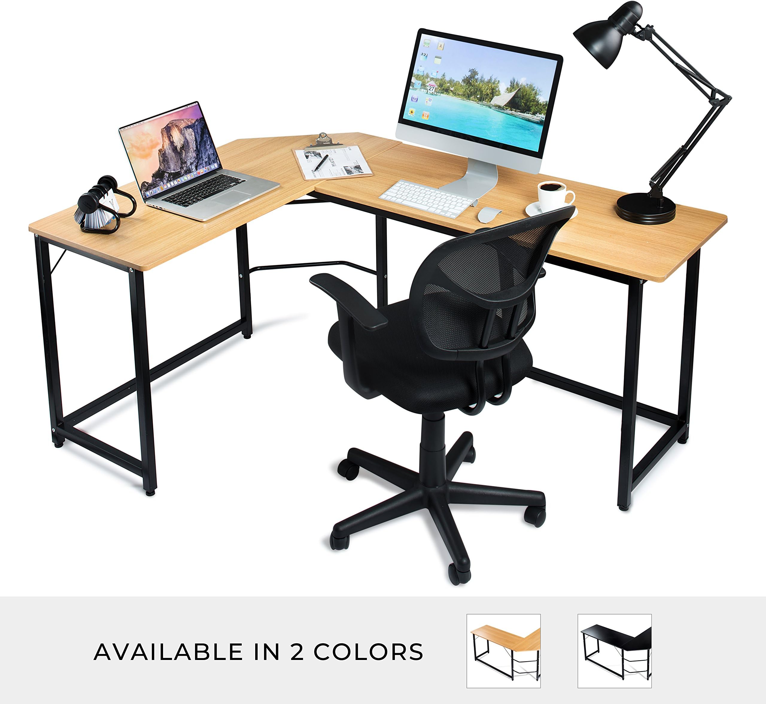 Modern L Shaped Computer Desk Home Office Corner Desk – 66” x 49” Teak Wood Laminated Table and Black Metal Frame - Easy Assembly Tools and Instructions Included