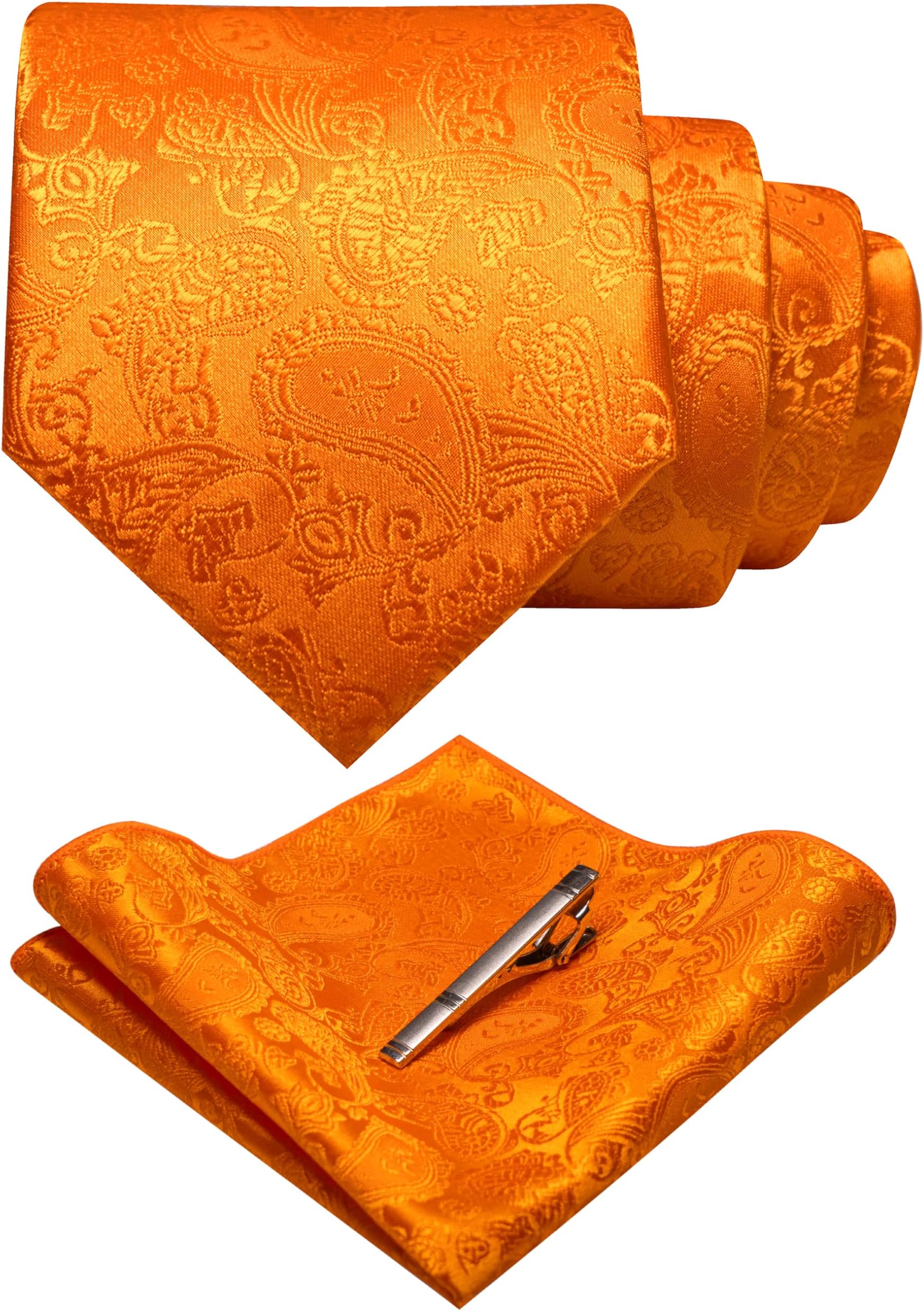 - Mens Solid Color Paisley Necktie and Pocket Square with Tie Clip Sets