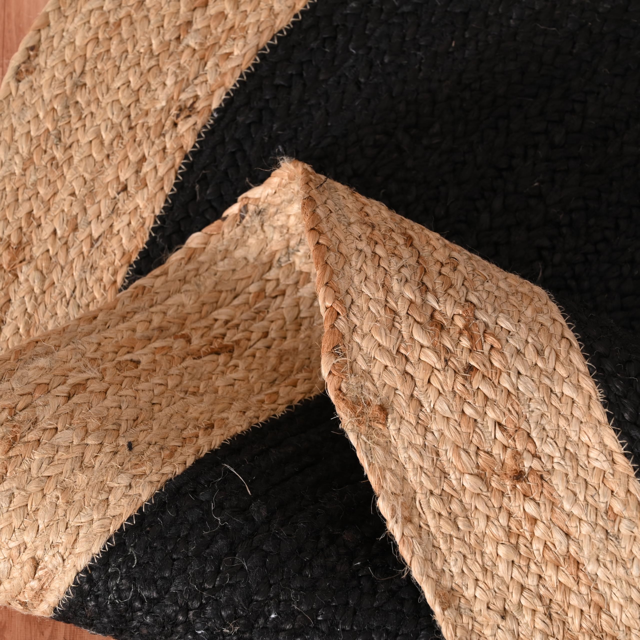 Tapis en jute tressé à la main en fibres naturelles, tapis bohème tressé à la main écologique pour chambre, cuisine, salon, maison de campagne (noir naturel, rond 3,35 m)