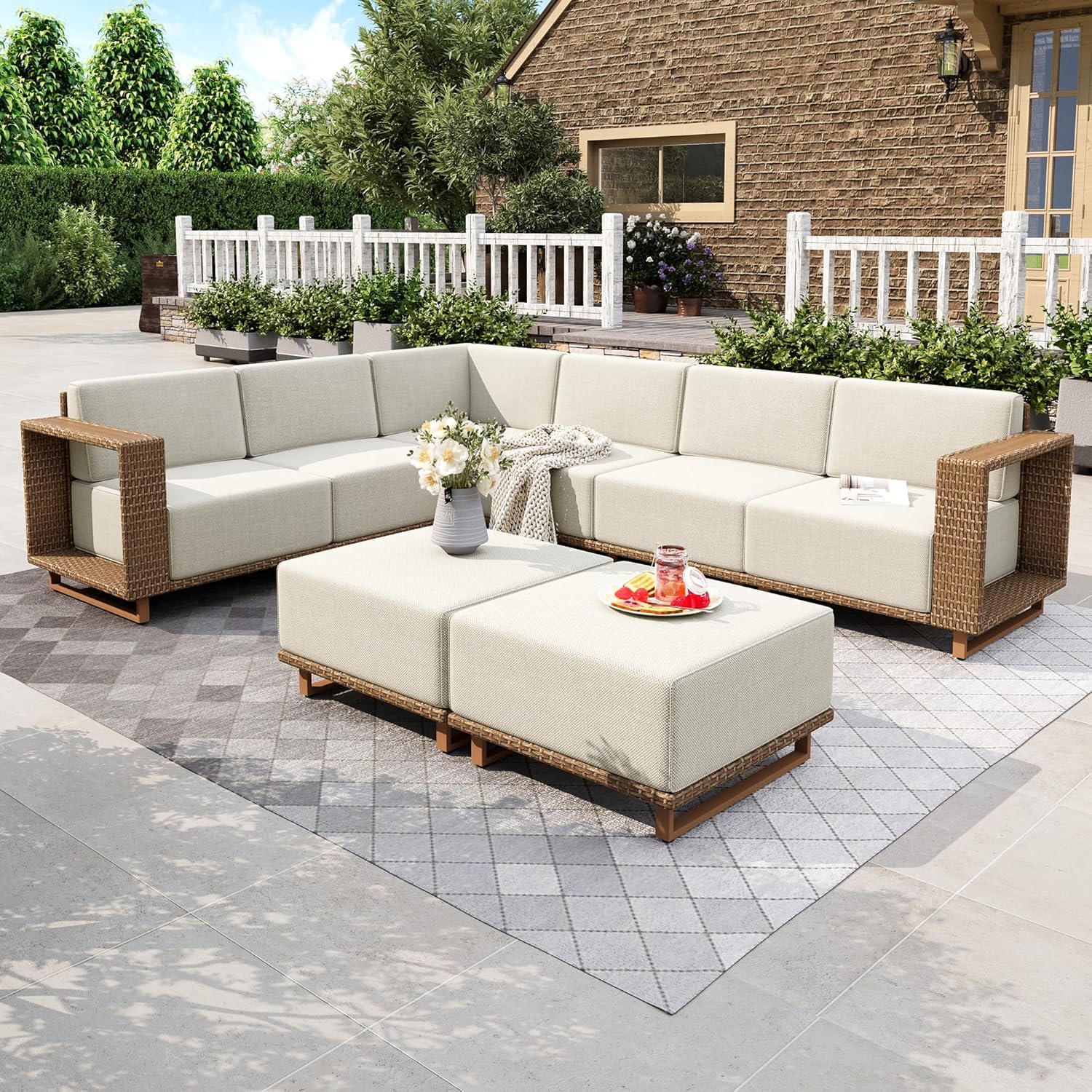 HERA'S HOUSE Patio Sectional Furniture Set, 7 Pieces Outdoor Yellow Rattan Wicker Sofas, Modular Deep Seating Conversation Set with 10" Thick Cushion, Low Profile Deck Yard Lawn Furniture