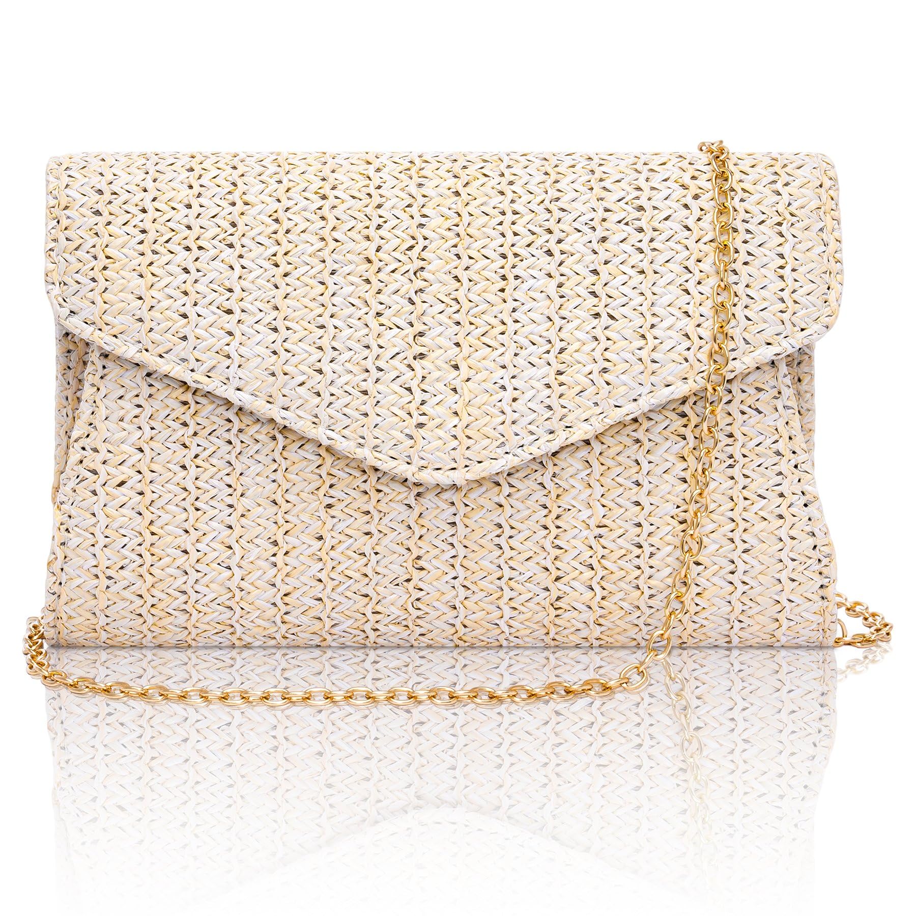 Pochettes et Clutches Femme en Paille, Enveloppe Sac Paille de Plage à Bohèmes Tissé, Petit Pochette Mariage Femme avce Chaîne, Élégante Sac à Main Bandoulière Ete pour Ceremonie Vacances Prom