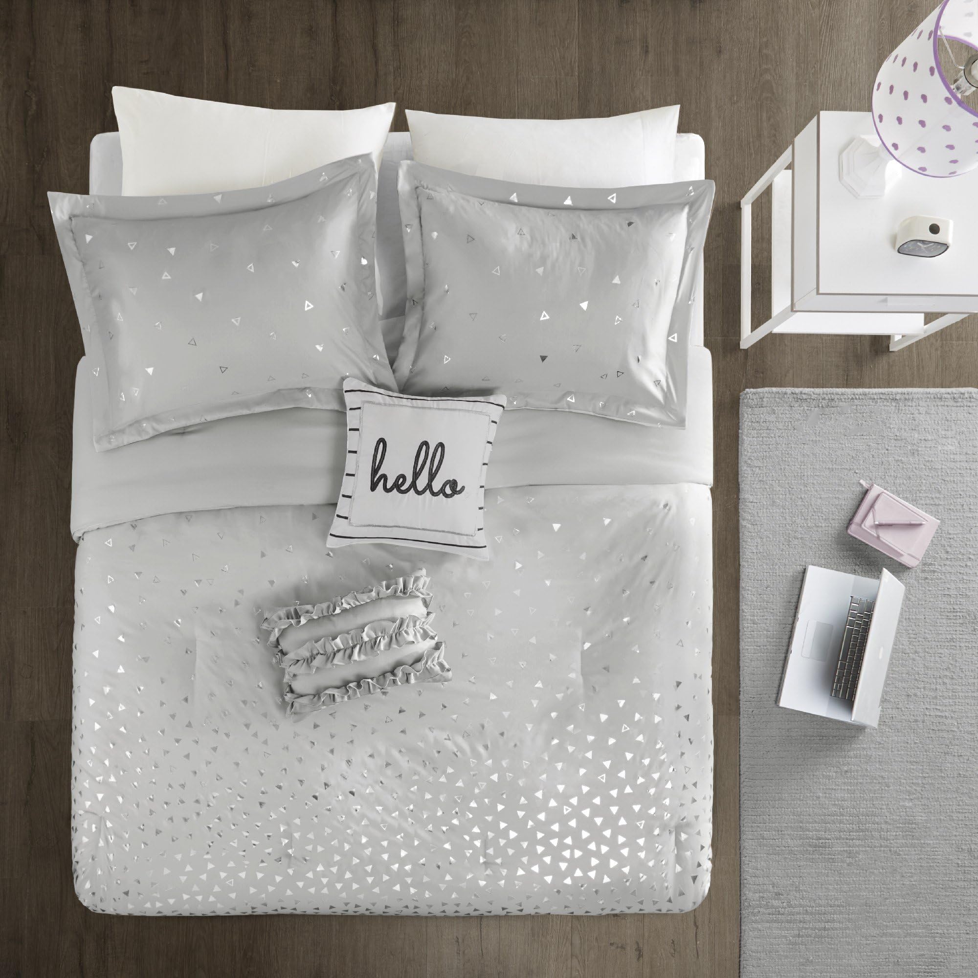 CA 5 Piece Girls Shiny Grey Metallic Comforter Full Queen Set, Gray Glam Bedding Silver Shimmer Shine Pattern Triangles Ombre Indie Modern Fashion Texture, Reversible Solid Microfiber Polyester