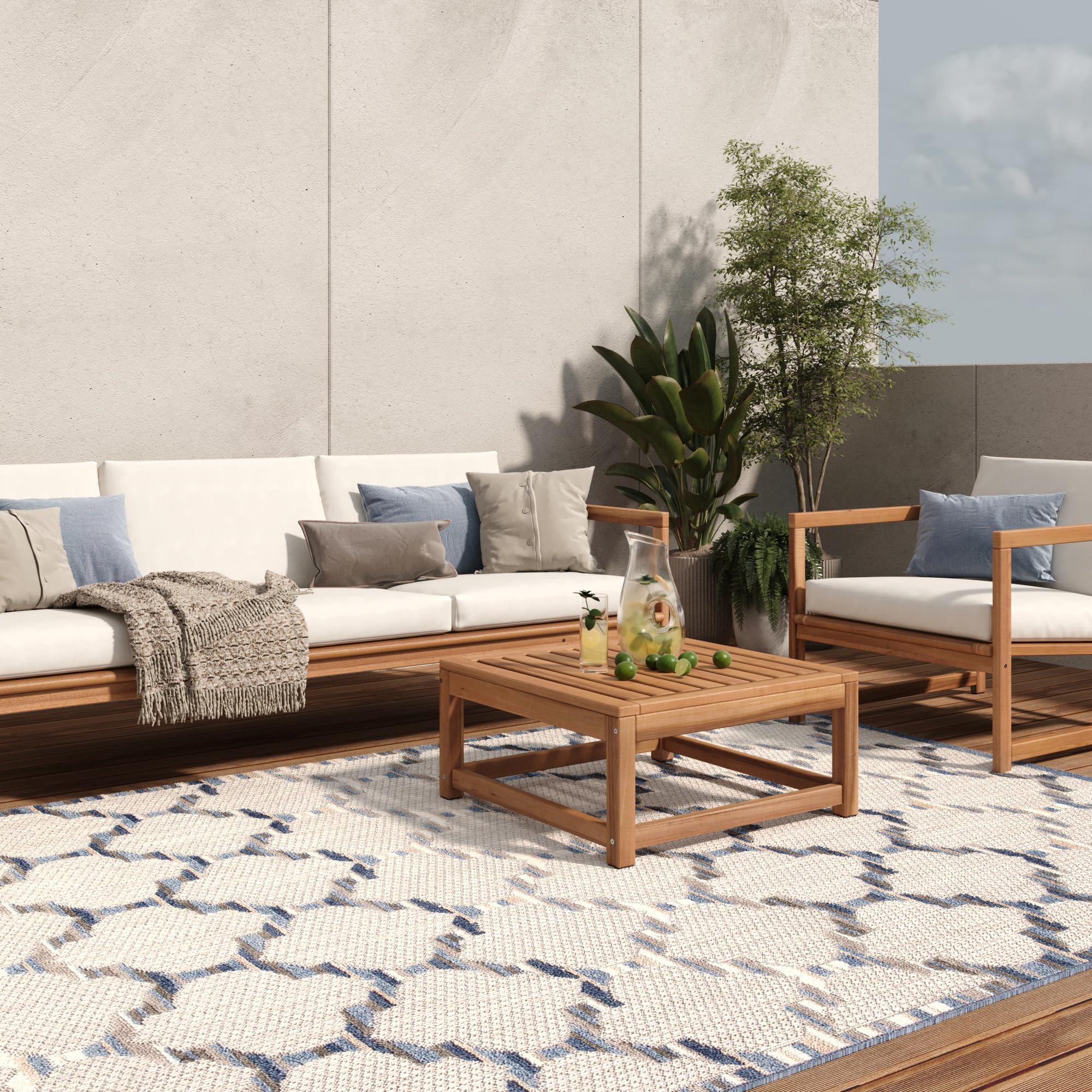 TAPISO Patio dywan na taras, do kuchni, salonu, na zewnątrz, nowoczesny, 3D, beżowy, niebieski, szary, marokański wzór, sizal, odporny na uszkodzenia 140 x 200 cm
