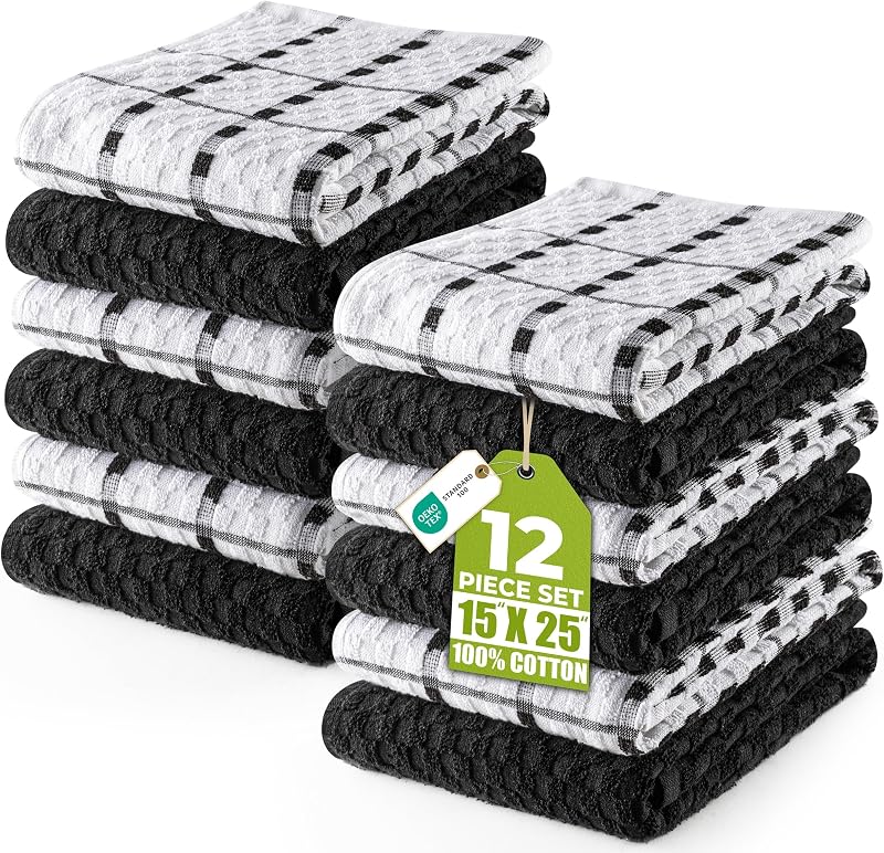 Paños de cocina Utopia, paquete de 12, 15 x 25 pulgadas, 100% algodón, rizo de palomitas de maíz | Juego de toallas de té y barra, súper suaves, absorbentes, de lino, uso multiusos en la cocina