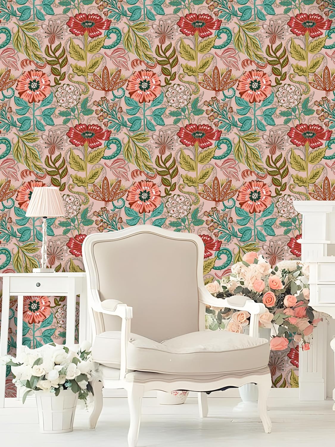 Floralplus Floral Wallpaper Peel and Stick Removable Vintage Floral Wallpaper for Bedroom Renter Friendly Boho Leaf Wallpapers Self Adhesive Contact Paper for Kitchen Cabinet 17.5 x 118 in